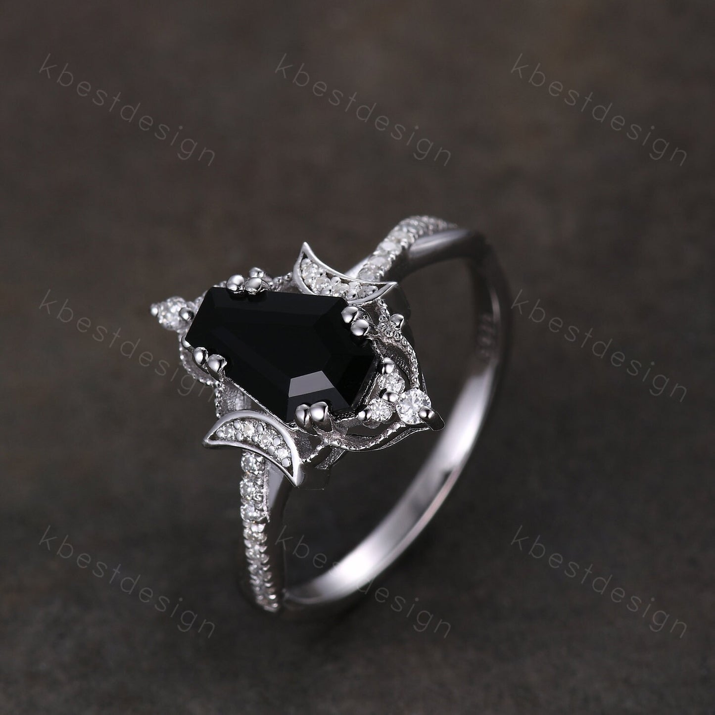 Vintage black onyx engagement ring silver coffin cut engagement ring unique moon goddess ring art deco twisted band moissanite bridal ring