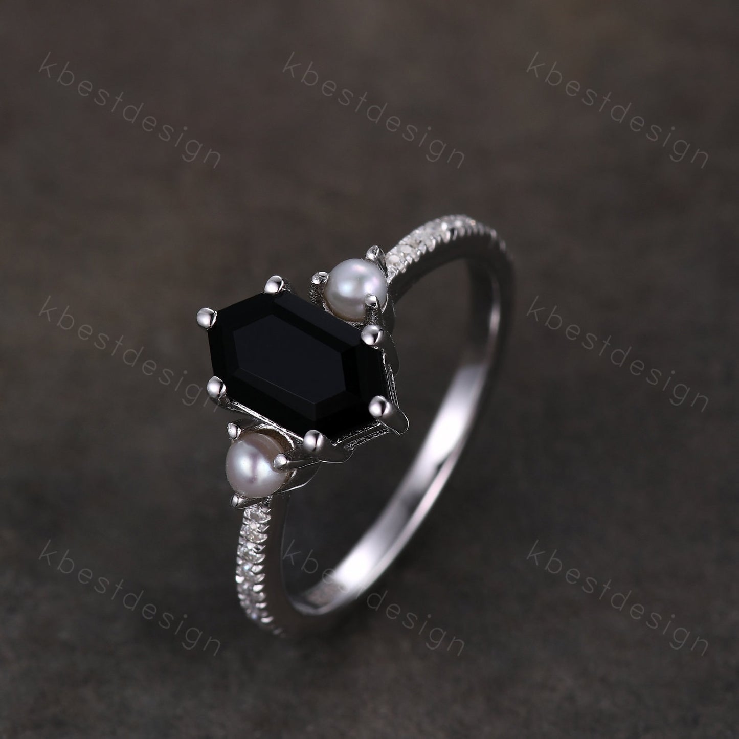 Vintage black onyx ring silver gold ring retro hexagon cut engagement ring unique pearl three stone ring unique black gemstone promise ring