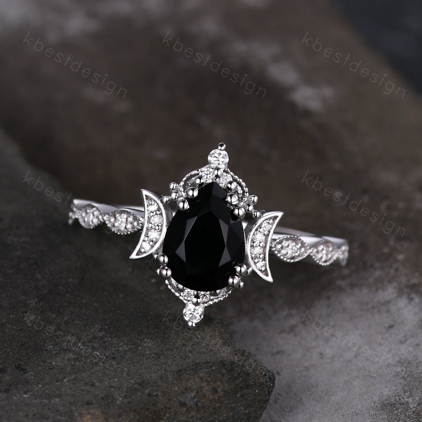 Vintage black onyx engagement ring pear cut ring silver unique moon style ring art deco moissanite wedding ring promise anniversary ring