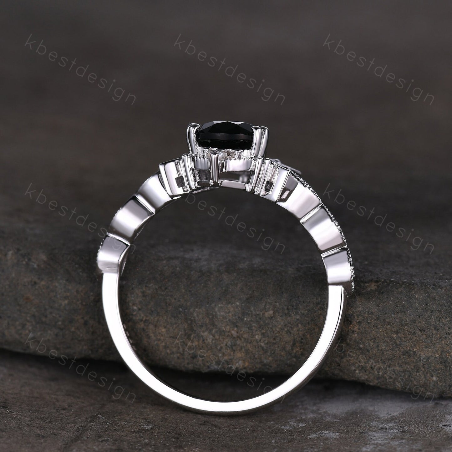 Vintage black onyx engagement ring pear cut ring silver unique moon style ring art deco moissanite wedding ring promise anniversary ring