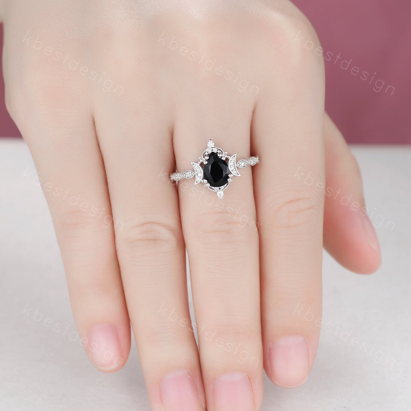 Vintage black onyx engagement ring pear cut ring silver unique moon style ring art deco moissanite wedding ring promise anniversary ring