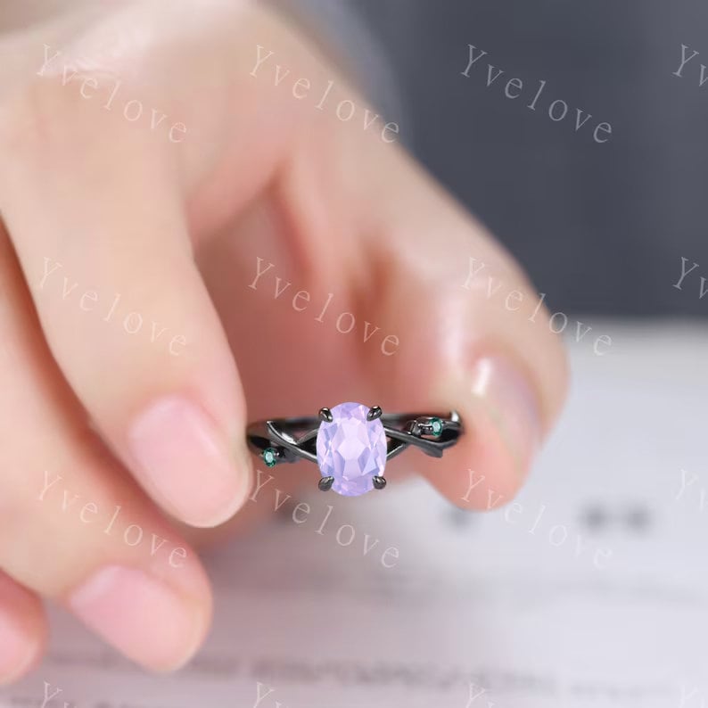 Unique Twig Oval Lavender amethyst Engagement Ring Set,Vintage Leaf Emerald Ring,Black Gold Branch Ring,Art Deco Promise Bridal Wedding Set