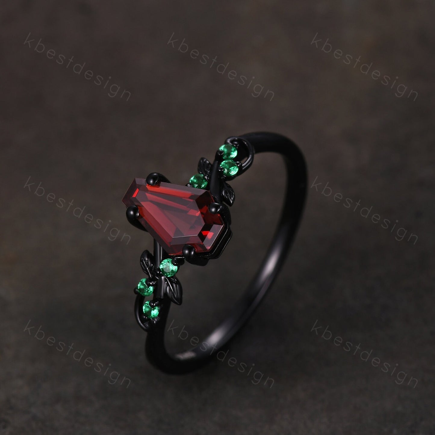 Coffin cut garnet engagement ring Gothic Black gold ring Art deco leaf design emerald wedding ring nature inspired ring bridal promise ring