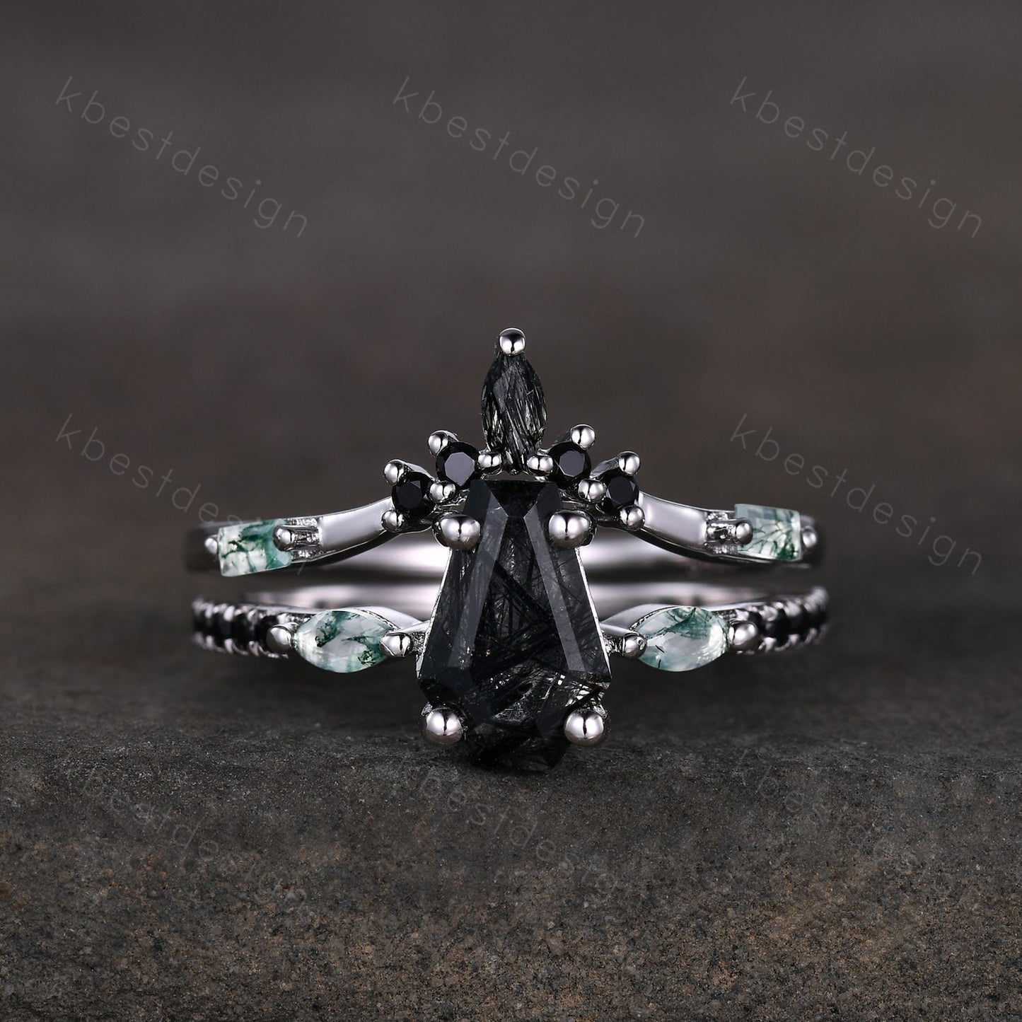 Coffin shaped black rutilated quartz engagement ring set unique curved moss agate wedding ring black ring vintage bridal wedding ring set