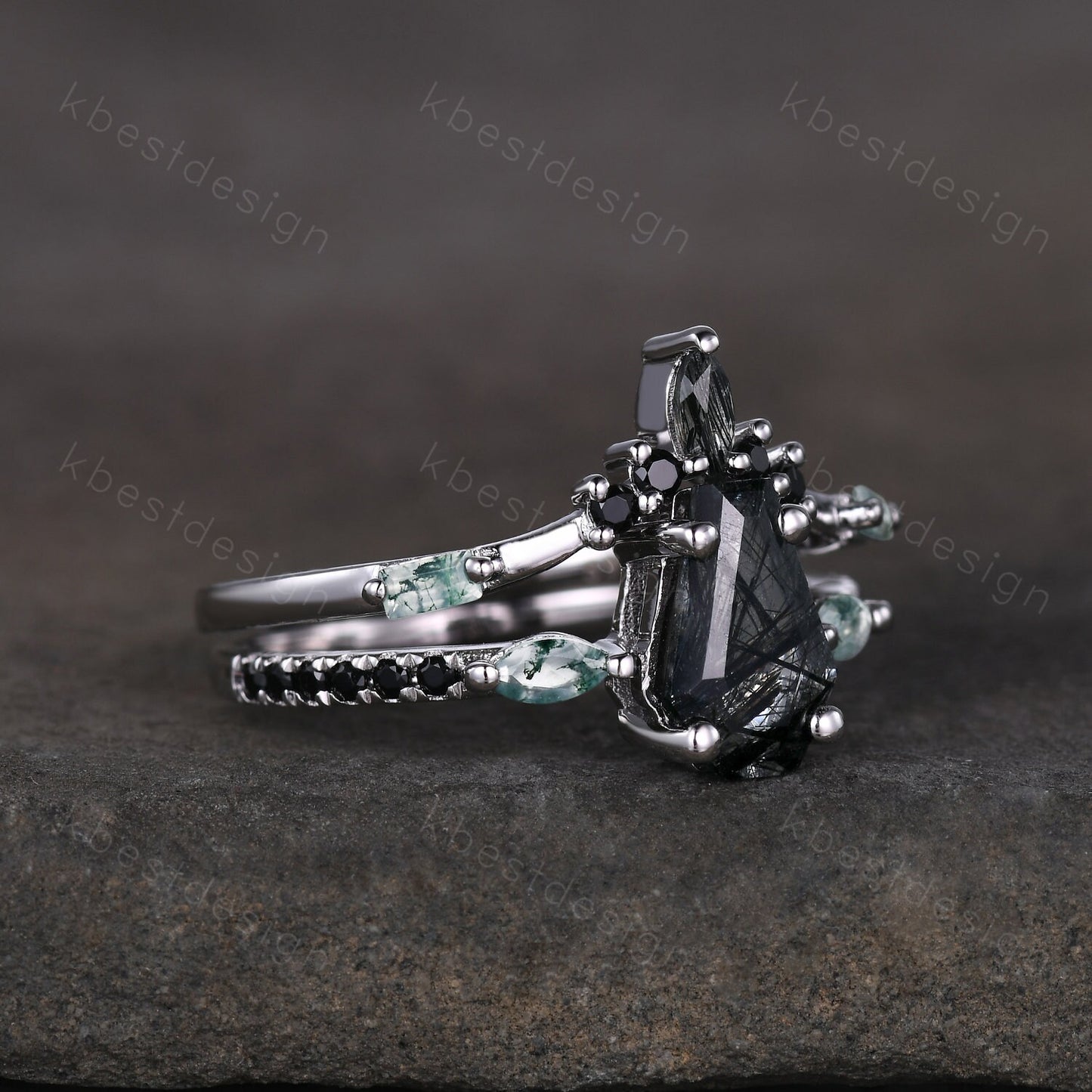 Coffin shaped black rutilated quartz engagement ring set unique curved moss agate wedding ring black ring vintage bridal wedding ring set