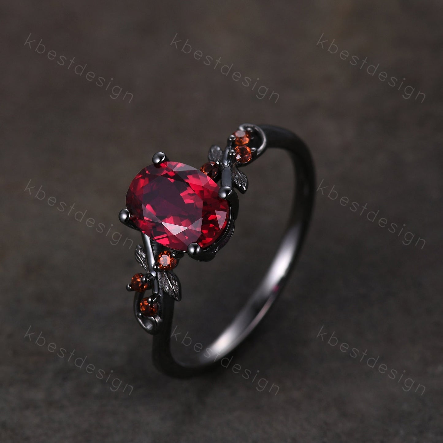 Vintage oval ruby engagement ring Black gold ring Art deco leaf design garnet wedding ring nature inspired ring bridal promise ring gift