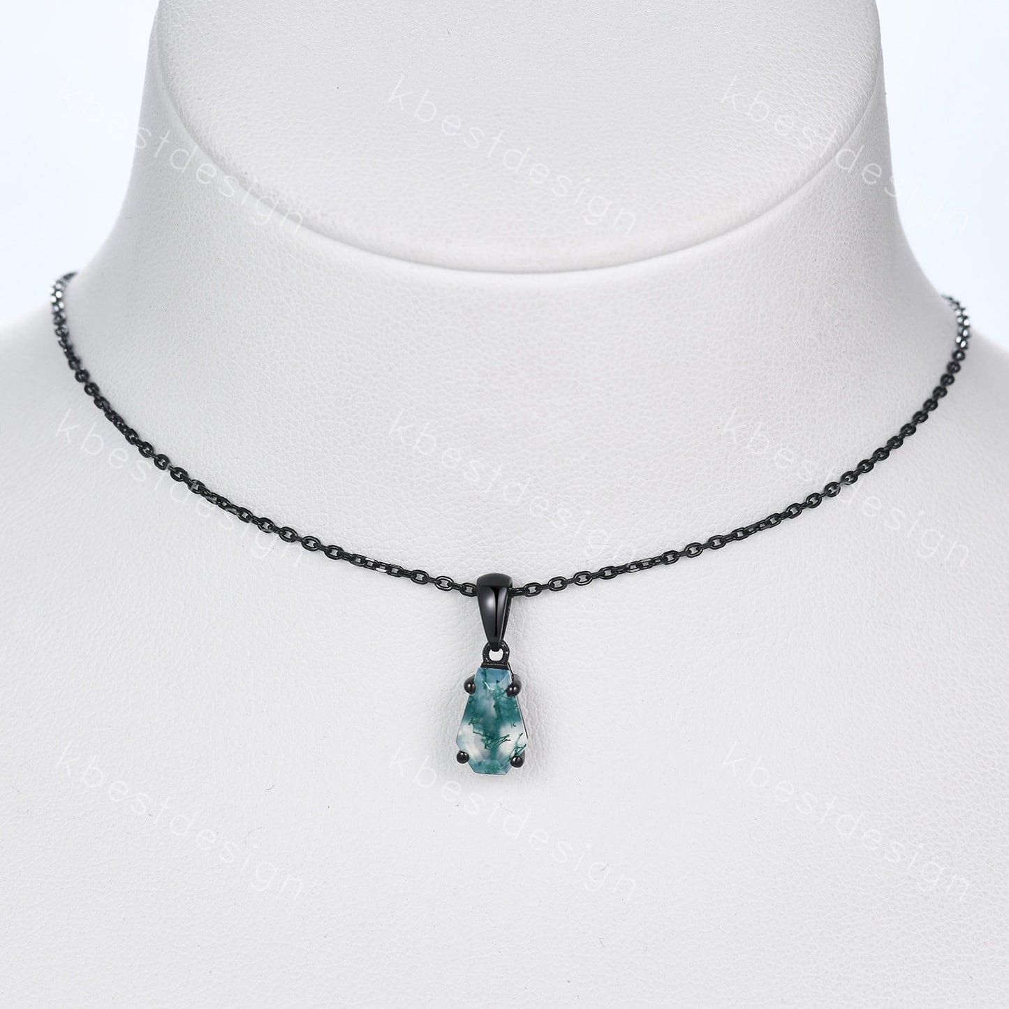 Unique coffin cut green moss agate necklace black gold necklace delicate green agate jewelry minimalist anniversary gift for women
