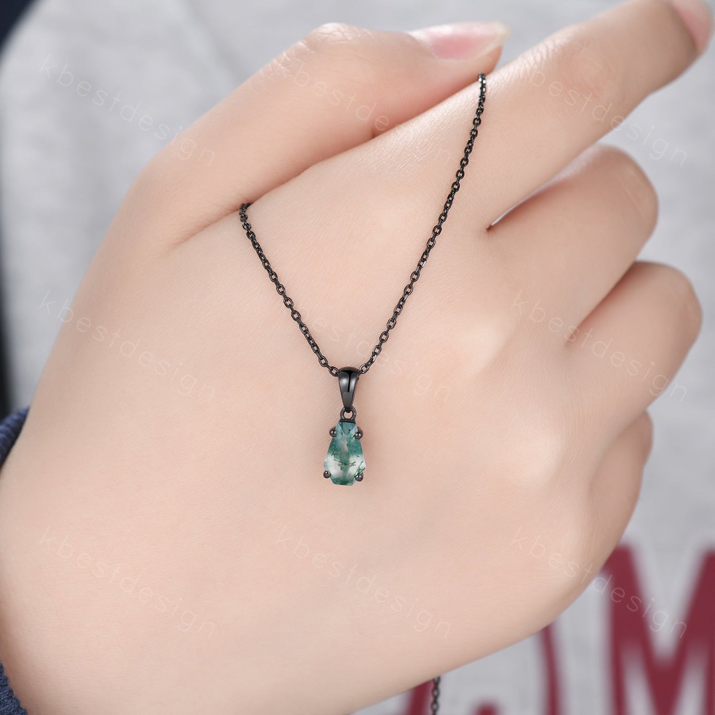 Unique coffin cut green moss agate necklace black gold necklace delicate green agate jewelry minimalist anniversary gift for women