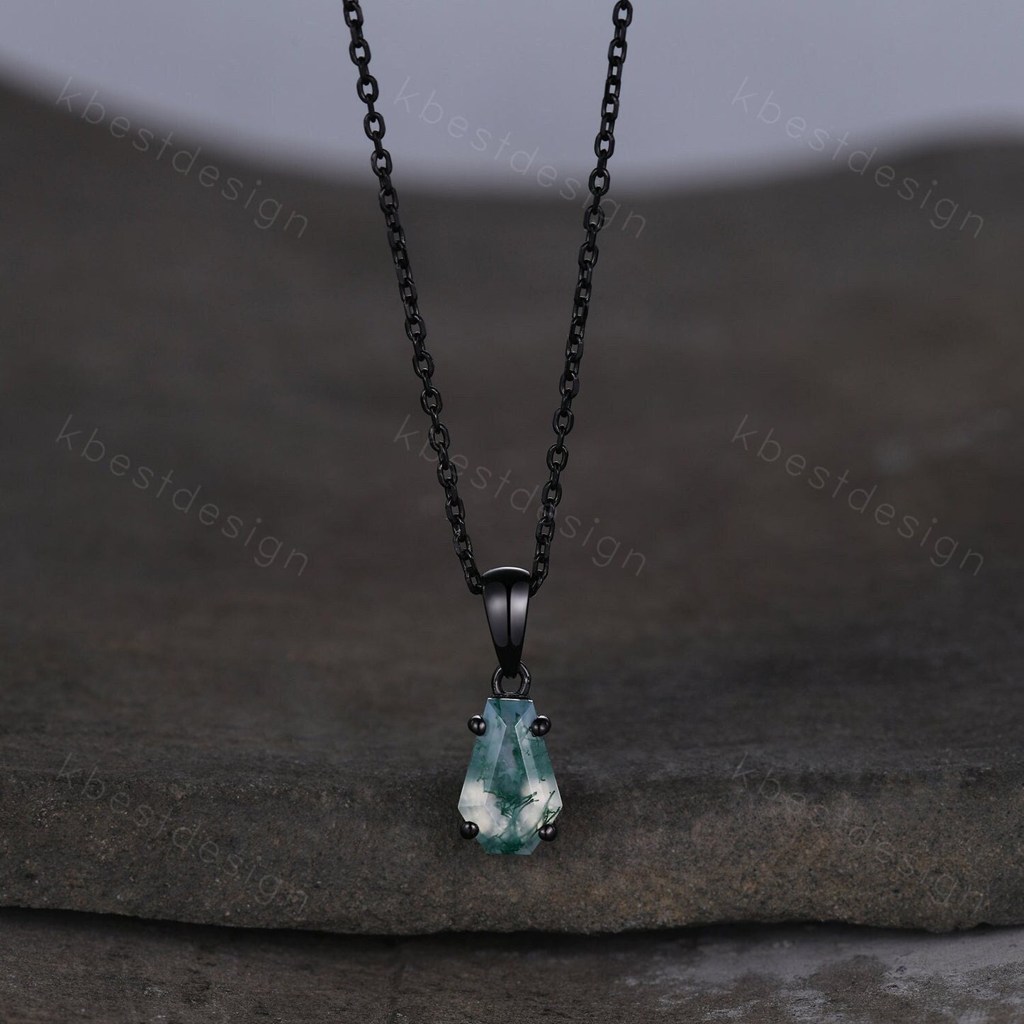 Unique coffin cut green moss agate necklace black gold necklace delicate green agate jewelry minimalist anniversary gift for women