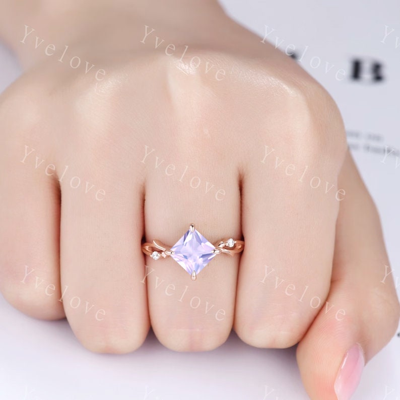 Vintage Princess Cut Lavender Amethyst Engagement Ring Set,Twisted Ring,Leaf Vines Diamond Bridal Set,Dainty Twig Diamond Ring Gift For her