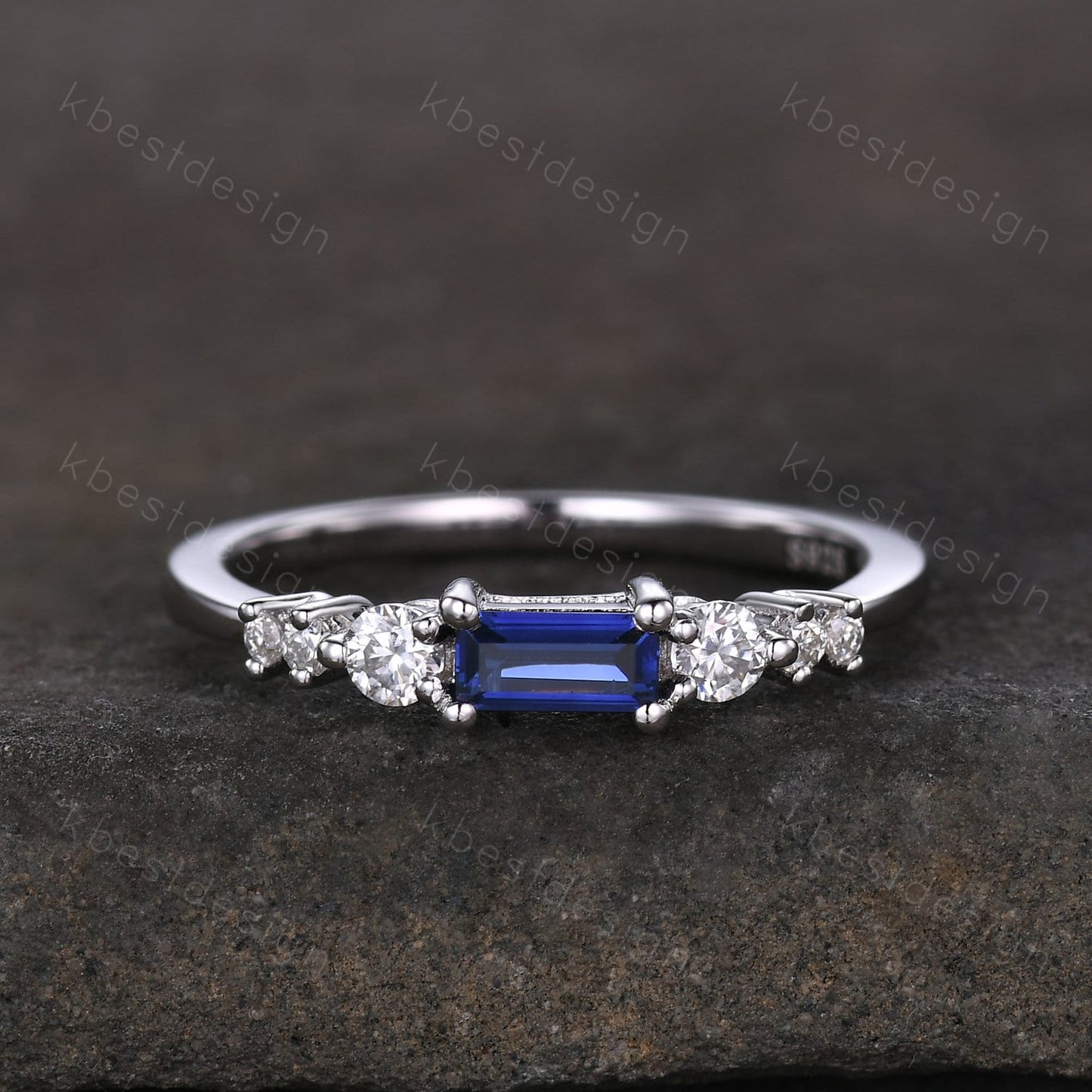 Baguette cut Blue Sapphire Wedding Band Unique 6 Stone Wedding Band Antique Moissanite Ring Minimalist Bridal Matching Stackable band