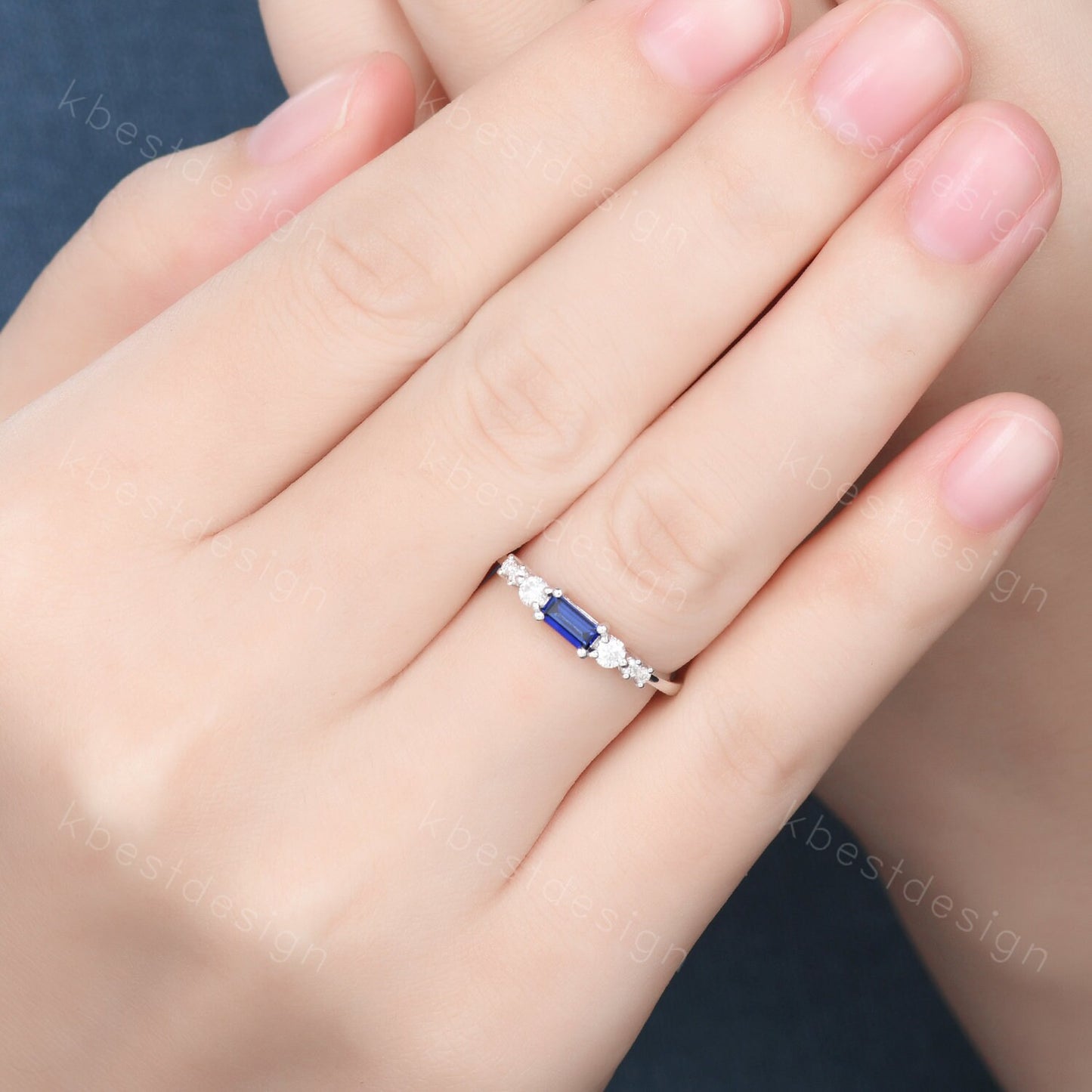 Baguette cut Blue Sapphire Wedding Band Unique 6 Stone Wedding Band Antique Moissanite Ring Minimalist Bridal Matching Stackable band