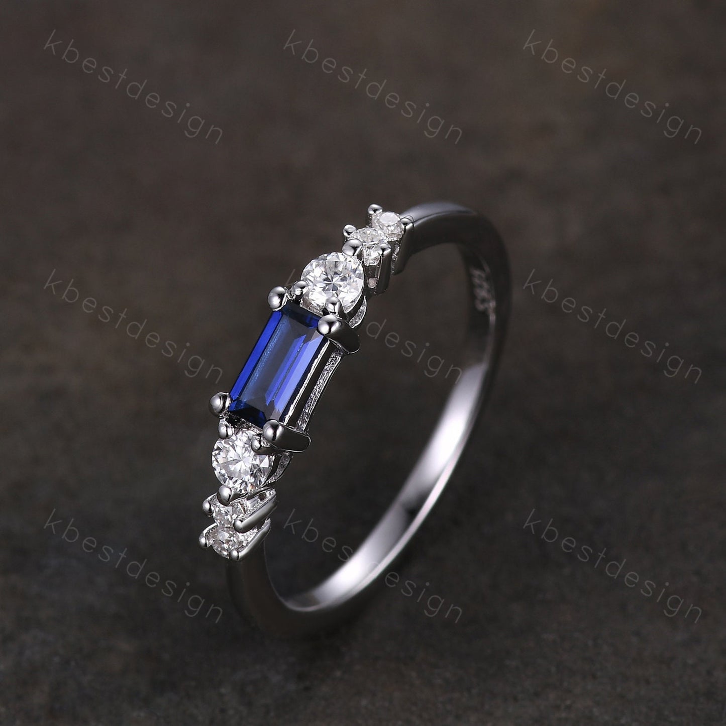 Baguette cut Blue Sapphire Wedding Band Unique 6 Stone Wedding Band Antique Moissanite Ring Minimalist Bridal Matching Stackable band