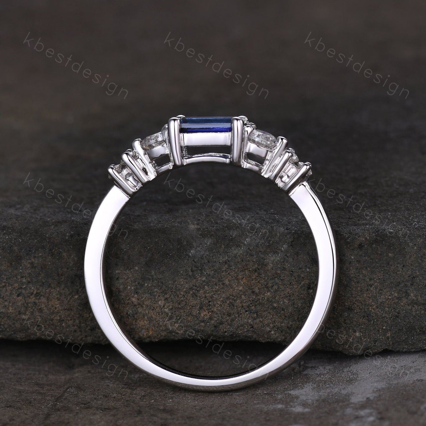 Baguette cut Blue Sapphire Wedding Band Unique 6 Stone Wedding Band Antique Moissanite Ring Minimalist Bridal Matching Stackable band