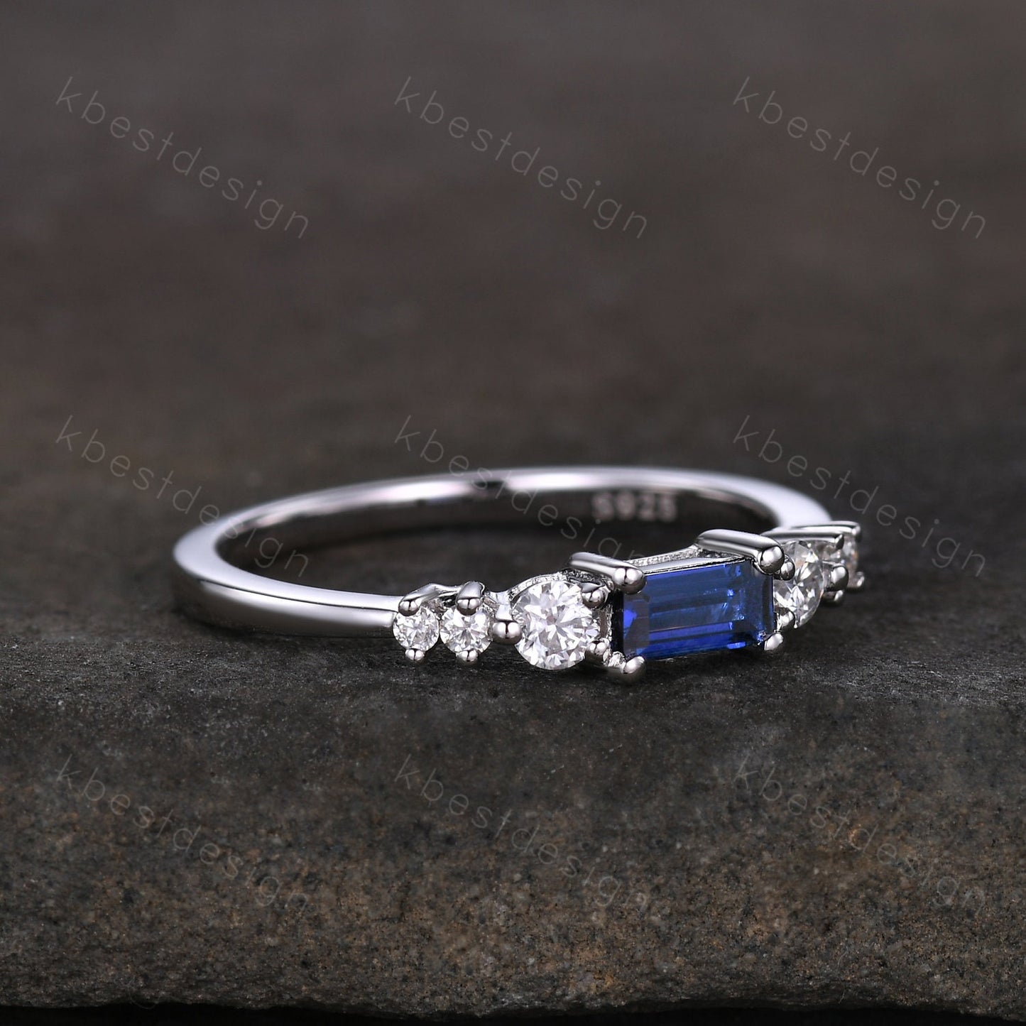 Baguette cut Blue Sapphire Wedding Band Unique 6 Stone Wedding Band Antique Moissanite Ring Minimalist Bridal Matching Stackable band
