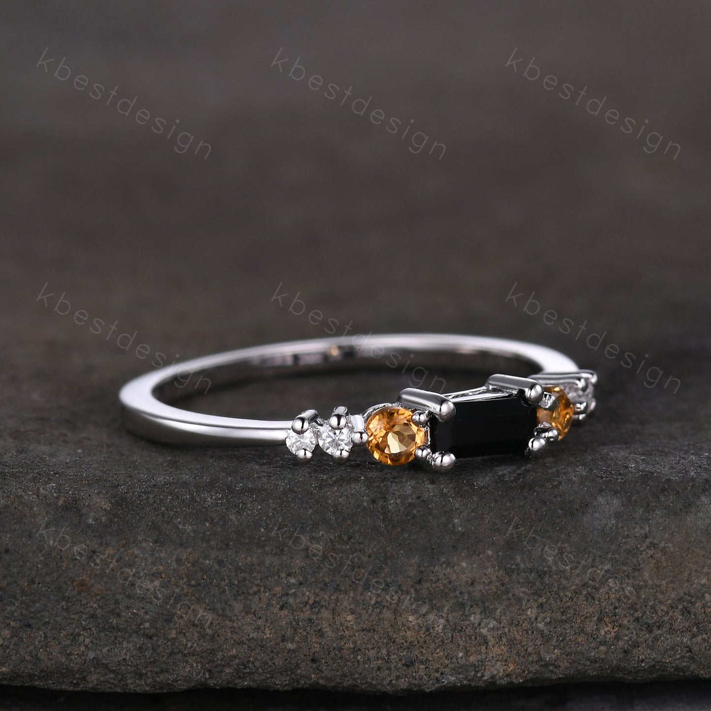 Unique black onyx wedding band sterling silver baguette cut band dainty citrine wedding ring gemstone stacking matching band gift for her