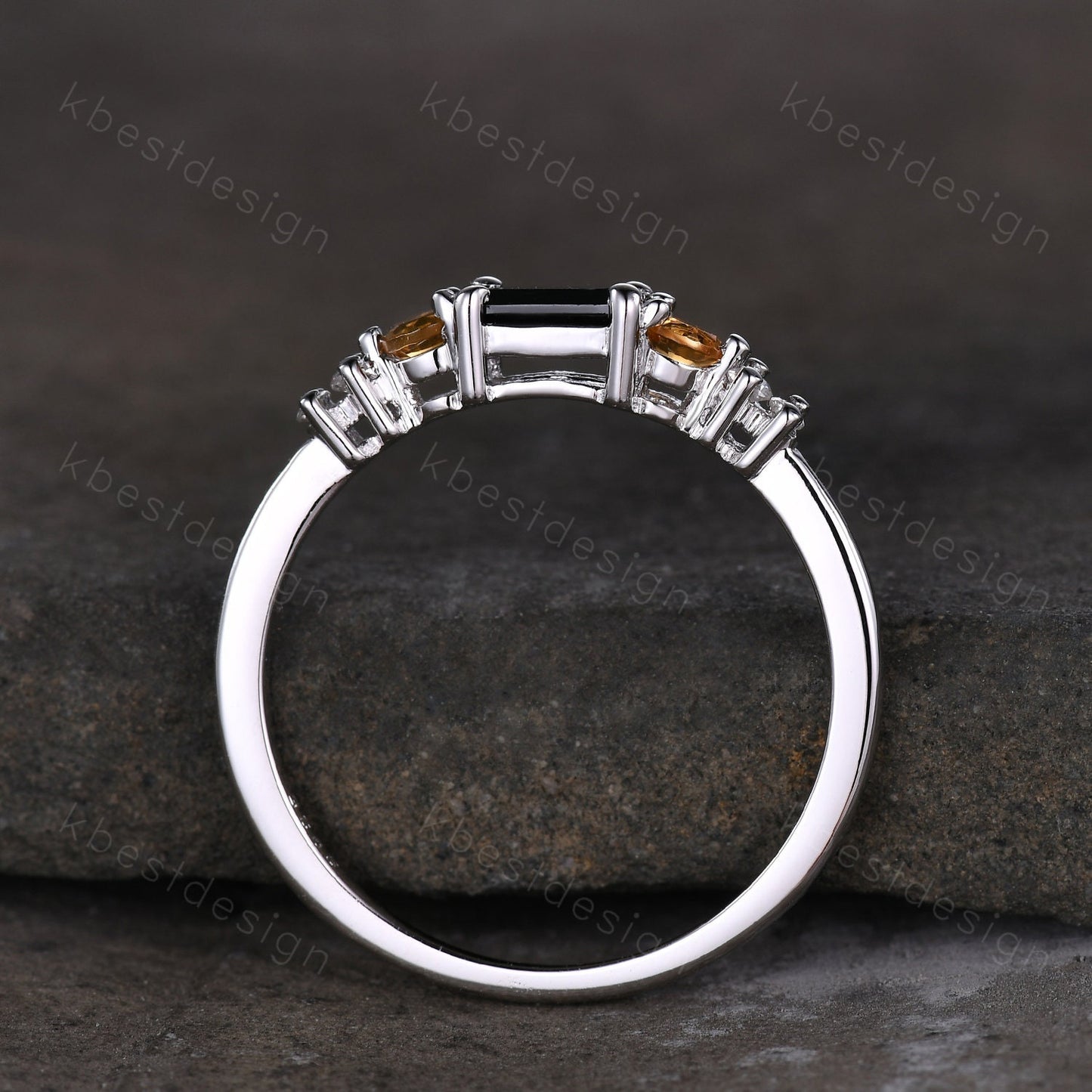 Unique black onyx wedding band sterling silver baguette cut band dainty citrine wedding ring gemstone stacking matching band gift for her