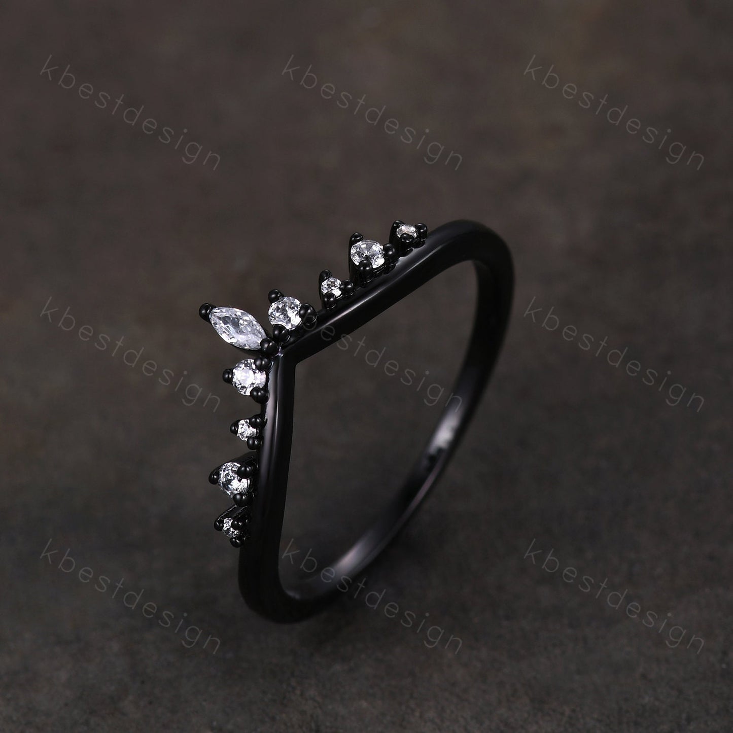 Curved moissanite wedding band black gold ring for women unique marquise cut stacking matching band delicate chevron ring anniversary ring