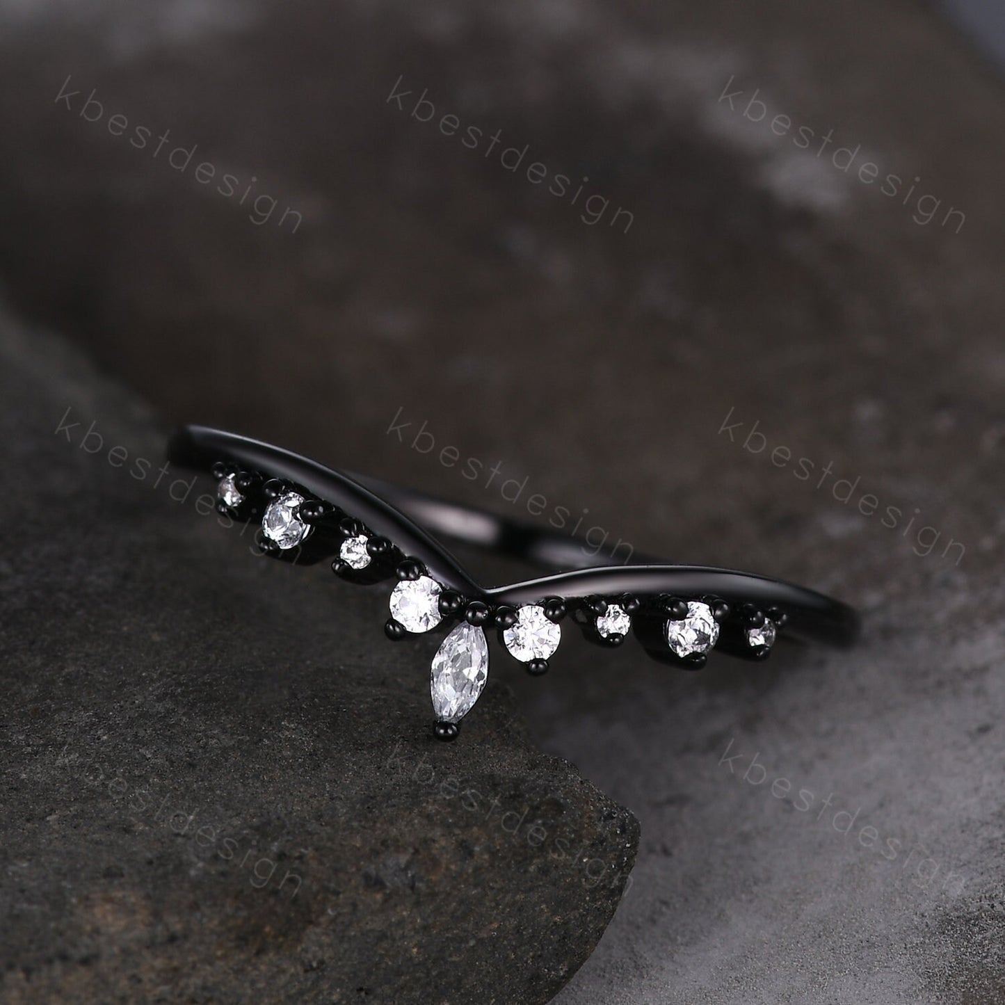 Curved moissanite wedding band black gold ring for women unique marquise cut stacking matching band delicate chevron ring anniversary ring