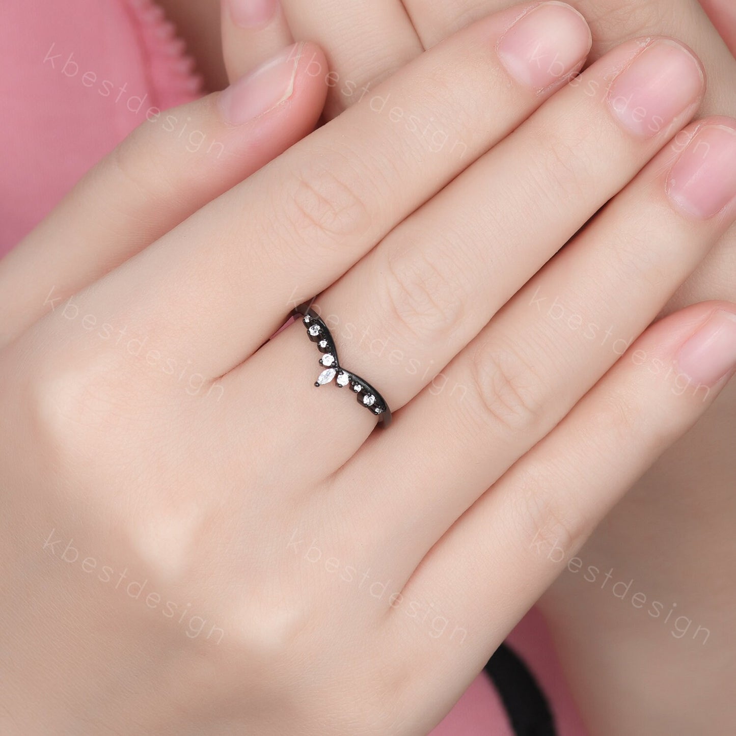 Curved moissanite wedding band black gold ring for women unique marquise cut stacking matching band delicate chevron ring anniversary ring
