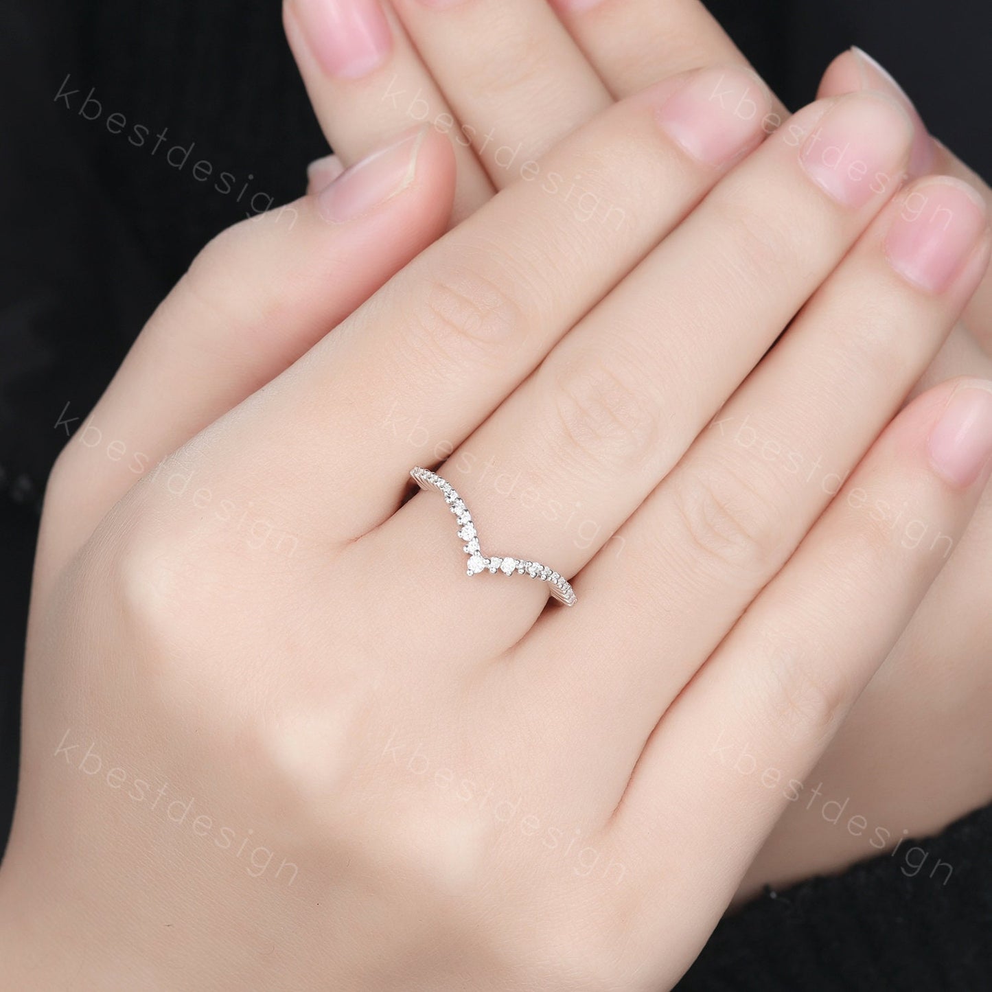 Unique curved moissanite wedding band dainty white gold band for women half eternity stacking matching band bridal anniversary band gift
