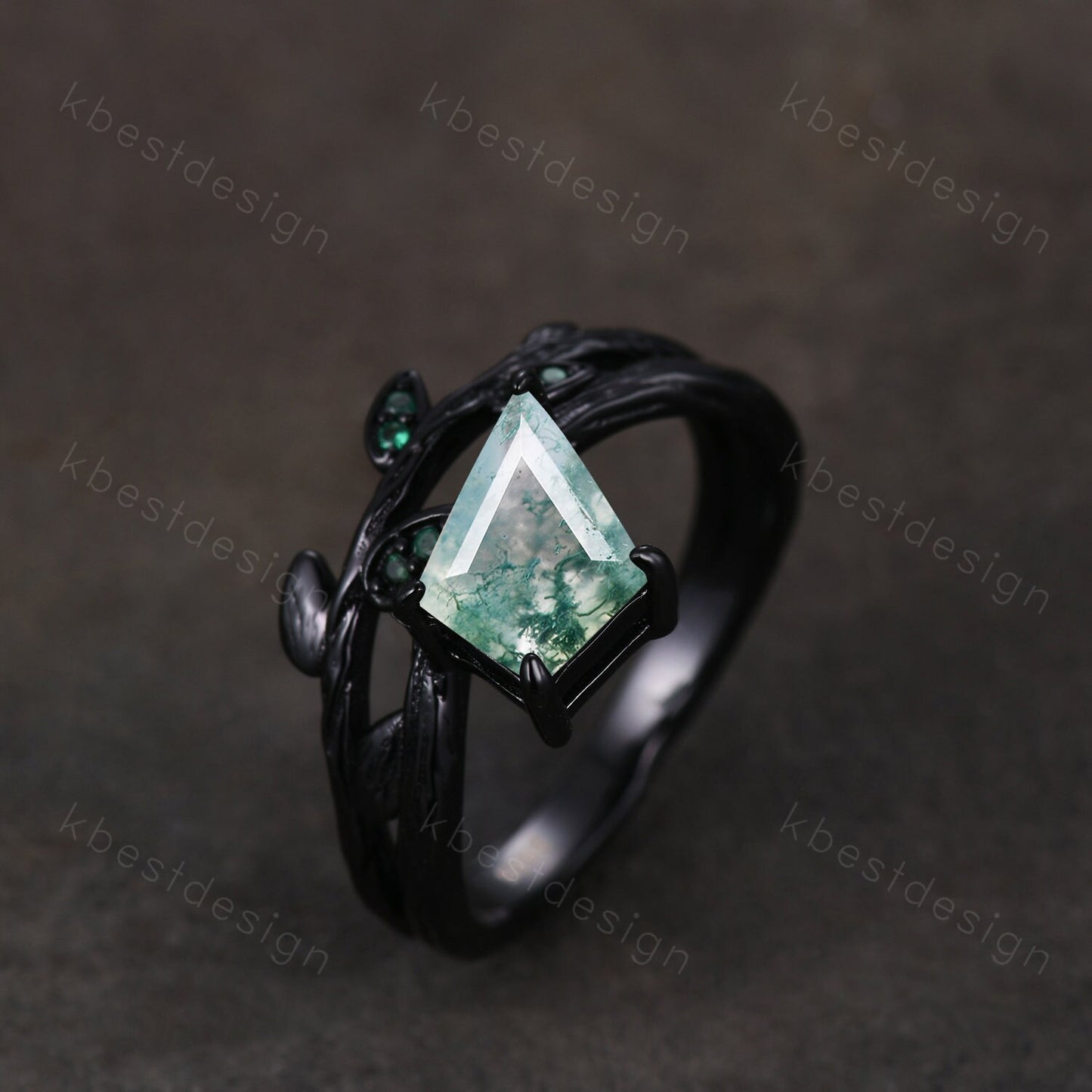Nature branch moss agate engagement ring black gold kite cut ring unique art deco emerald wedding ring twig leaf ring bridal promise ring
