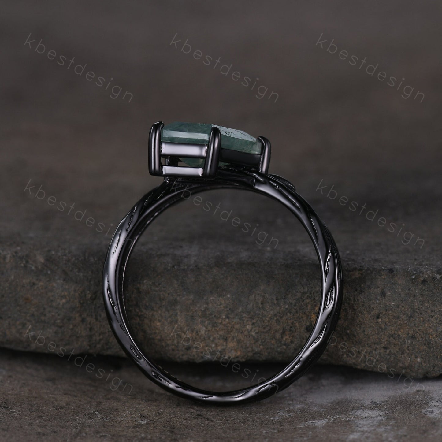Nature branch moss agate engagement ring black gold kite cut ring unique art deco emerald wedding ring twig leaf ring bridal promise ring