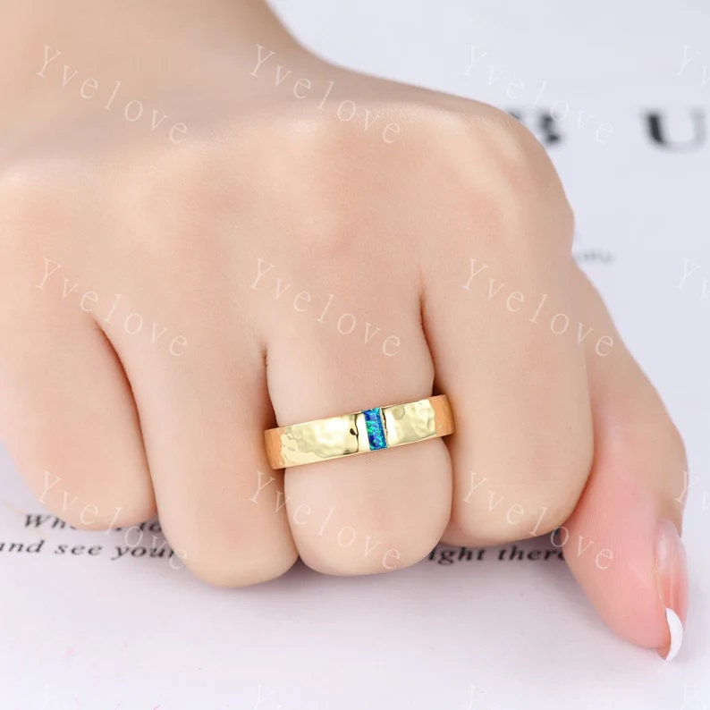Mens Black Opal Wedding Band Baguette Cut Opal Band 5mm Black Gold Ring Mens Hammered Stacking Matching Band Retro Vintage Ring Gift