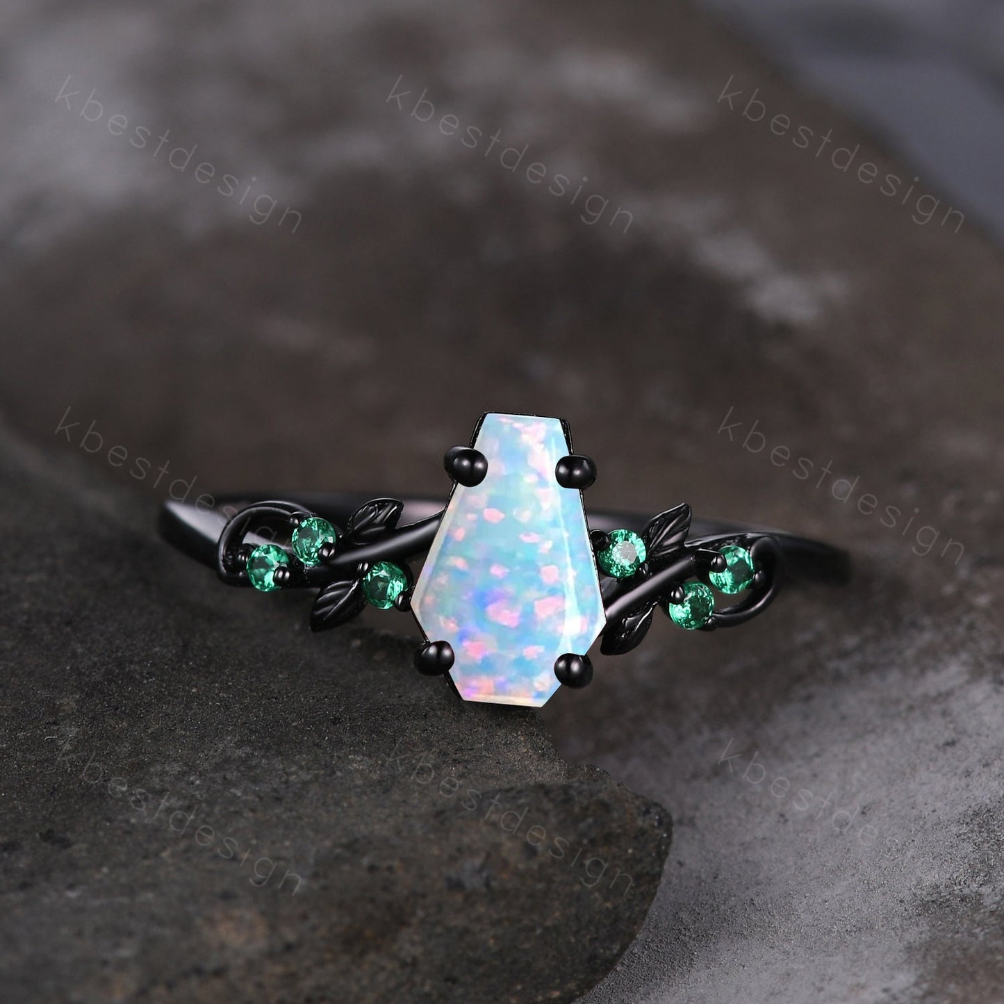 Coffin cut white opal engagement ring Black gold ring Art deco leaf design emerald wedding ring October birthstone bridal promise ring