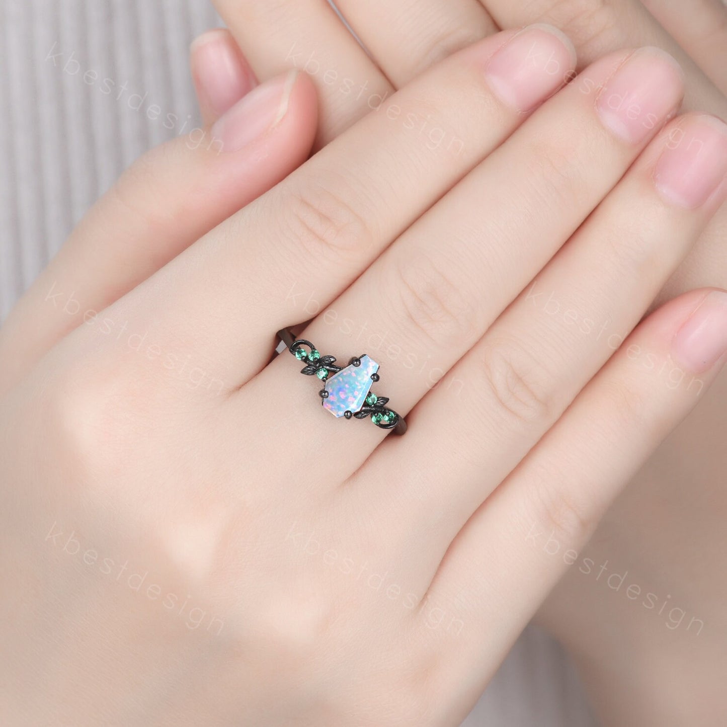Coffin cut white opal engagement ring Black gold ring Art deco leaf design emerald wedding ring October birthstone bridal promise ring