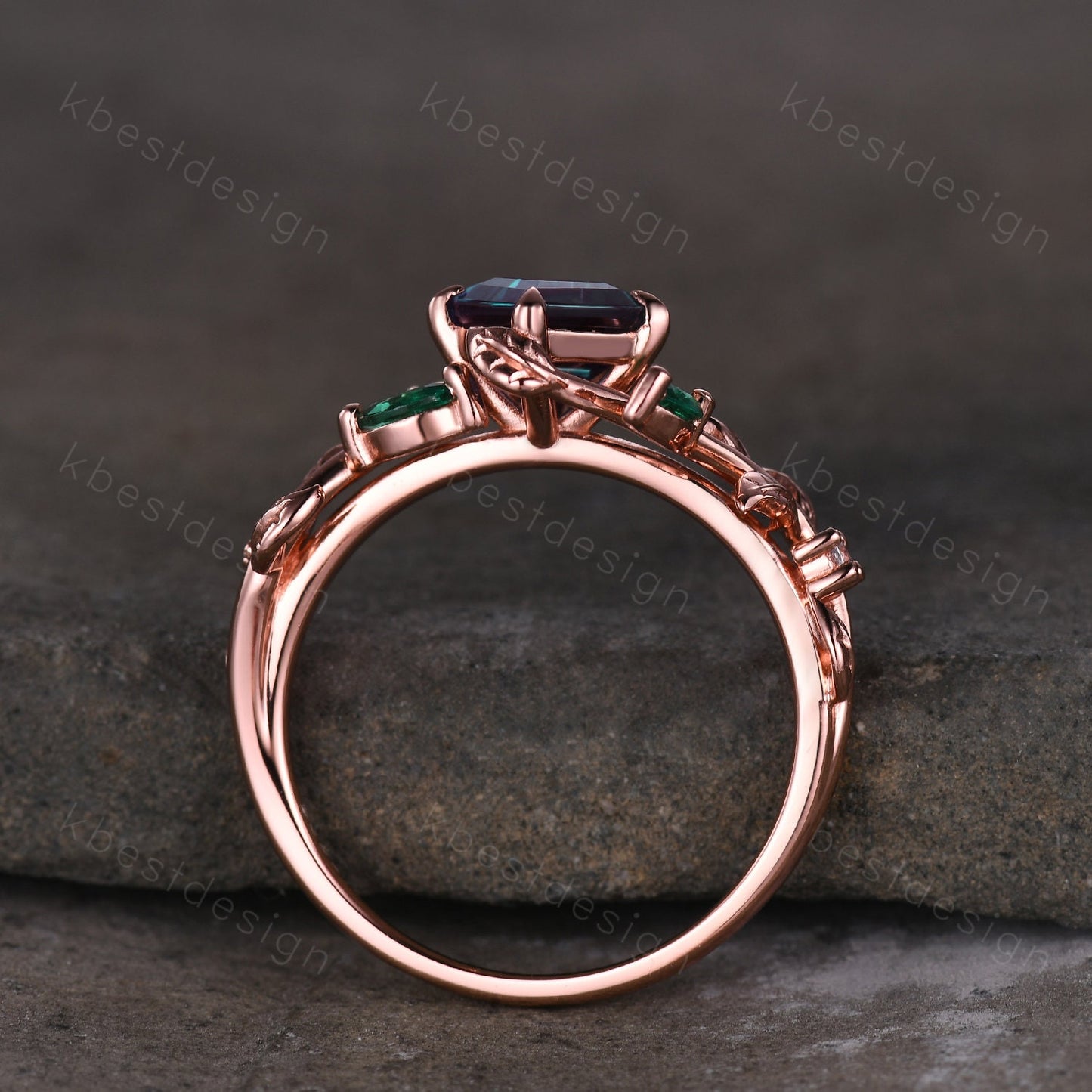 Lozenge cut Alexandrite engagement ring rose gold Art deco leaf design ring marquise cut emerald ring unique twig branch ring promise ring