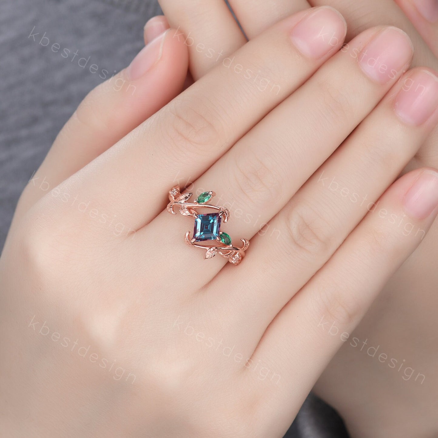 Lozenge cut Alexandrite engagement ring rose gold Art deco leaf design ring marquise cut emerald ring unique twig branch ring promise ring