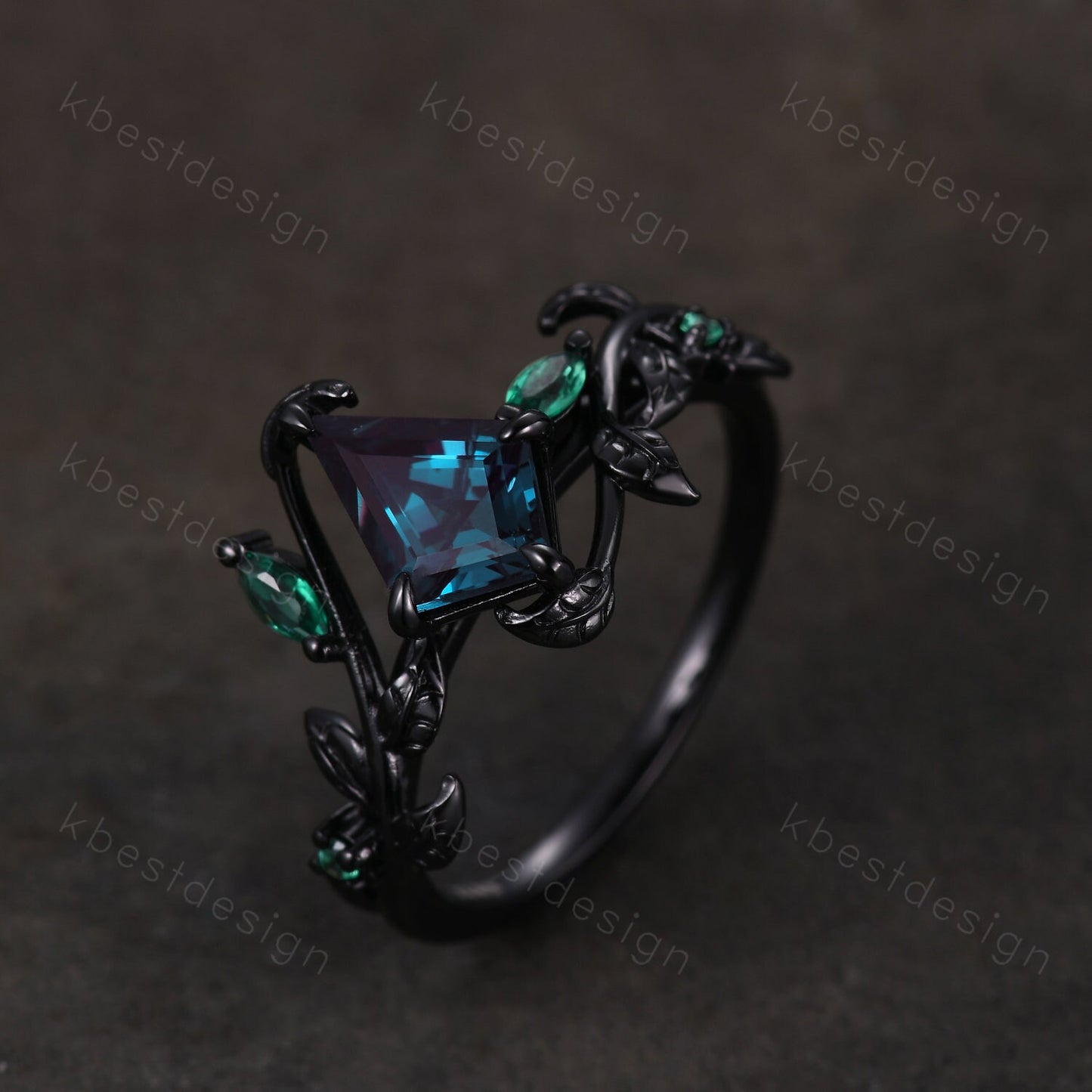 Kite cut Alexandrite engagement ring black gold ring Art deco twig leaf ring unique marquise cut emerald wedding ring bridal promise ring