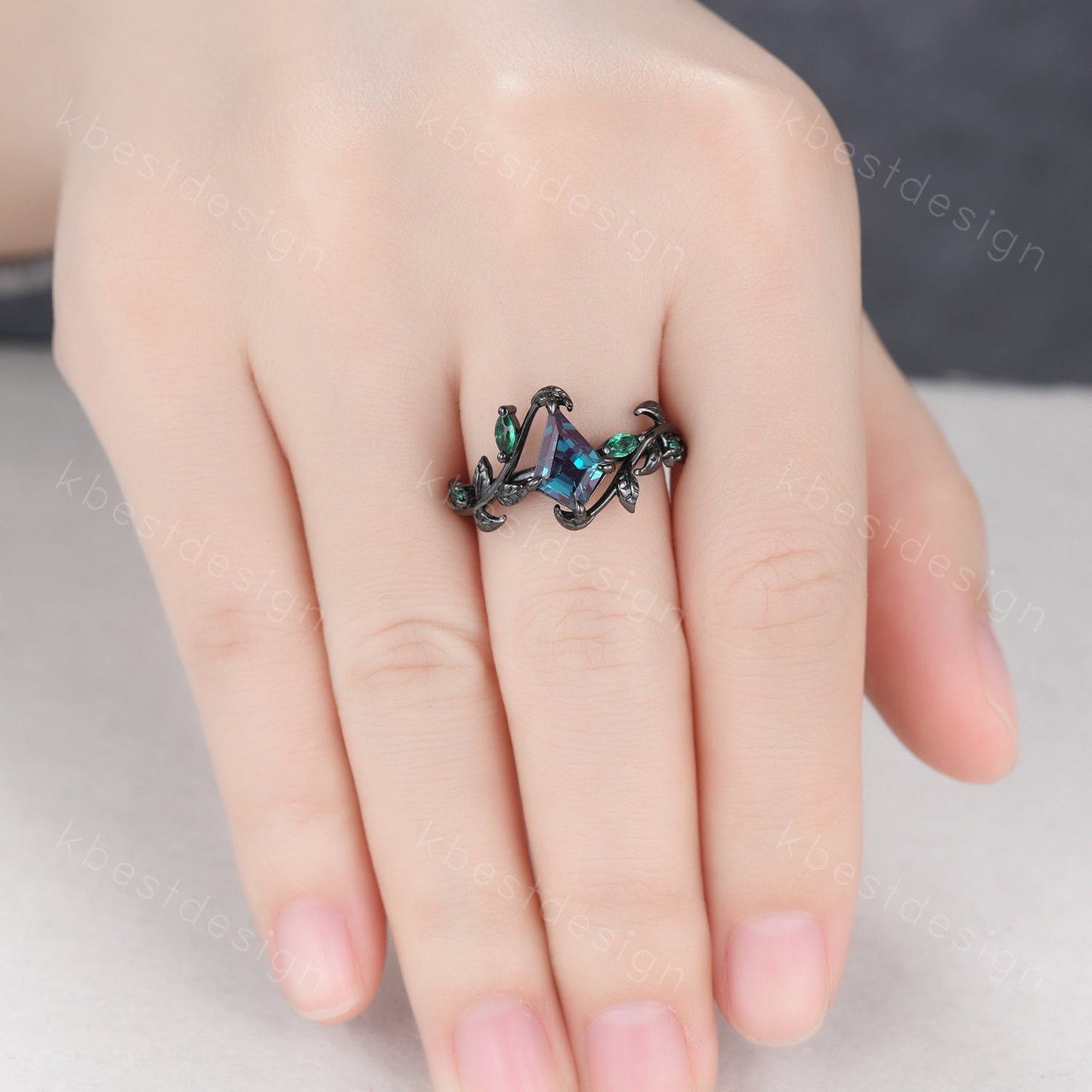 Kite cut Alexandrite engagement ring black gold ring Art deco twig leaf ring unique marquise cut emerald wedding ring bridal promise ring