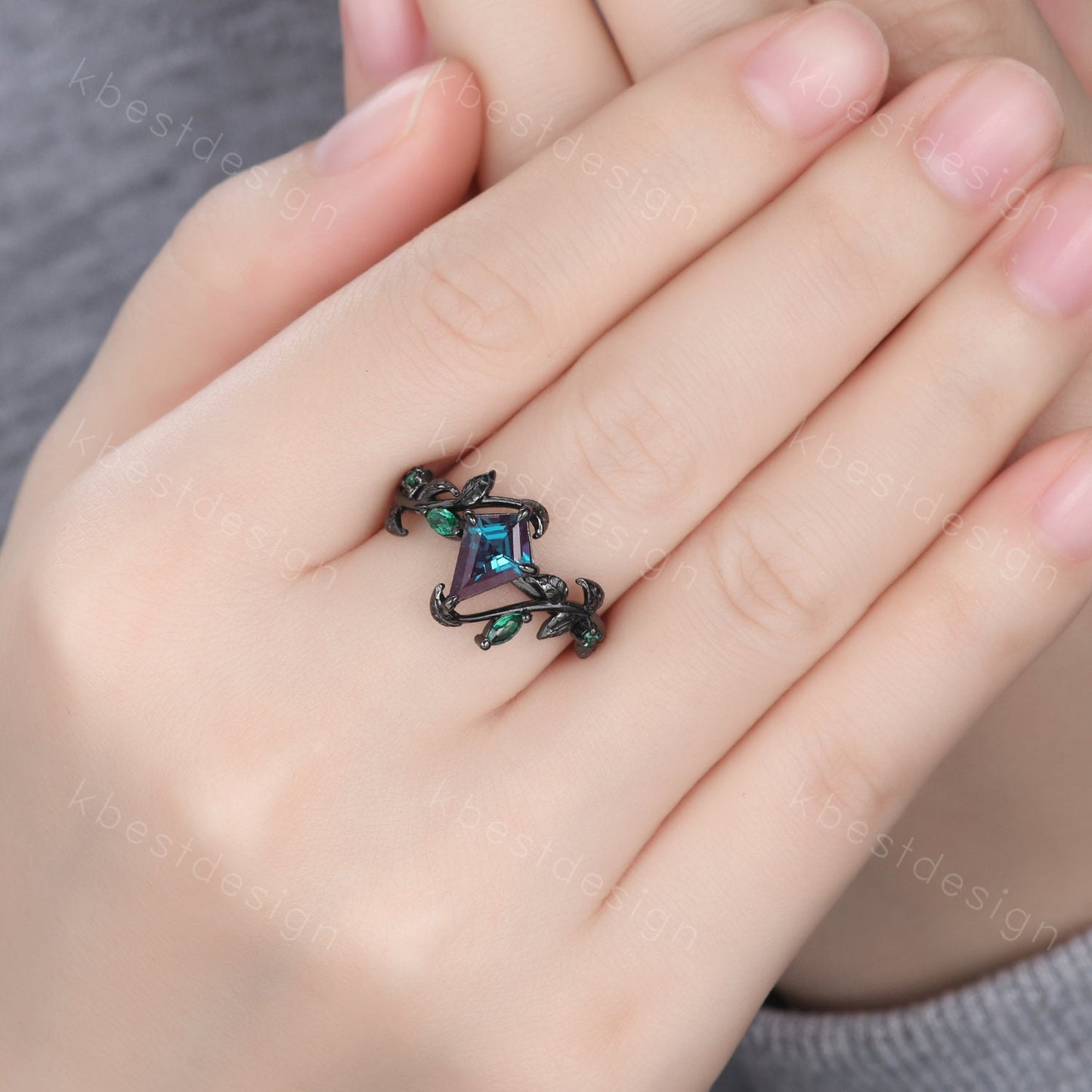 Kite cut Alexandrite engagement ring black gold ring Art deco twig leaf ring unique marquise cut emerald wedding ring bridal promise ring