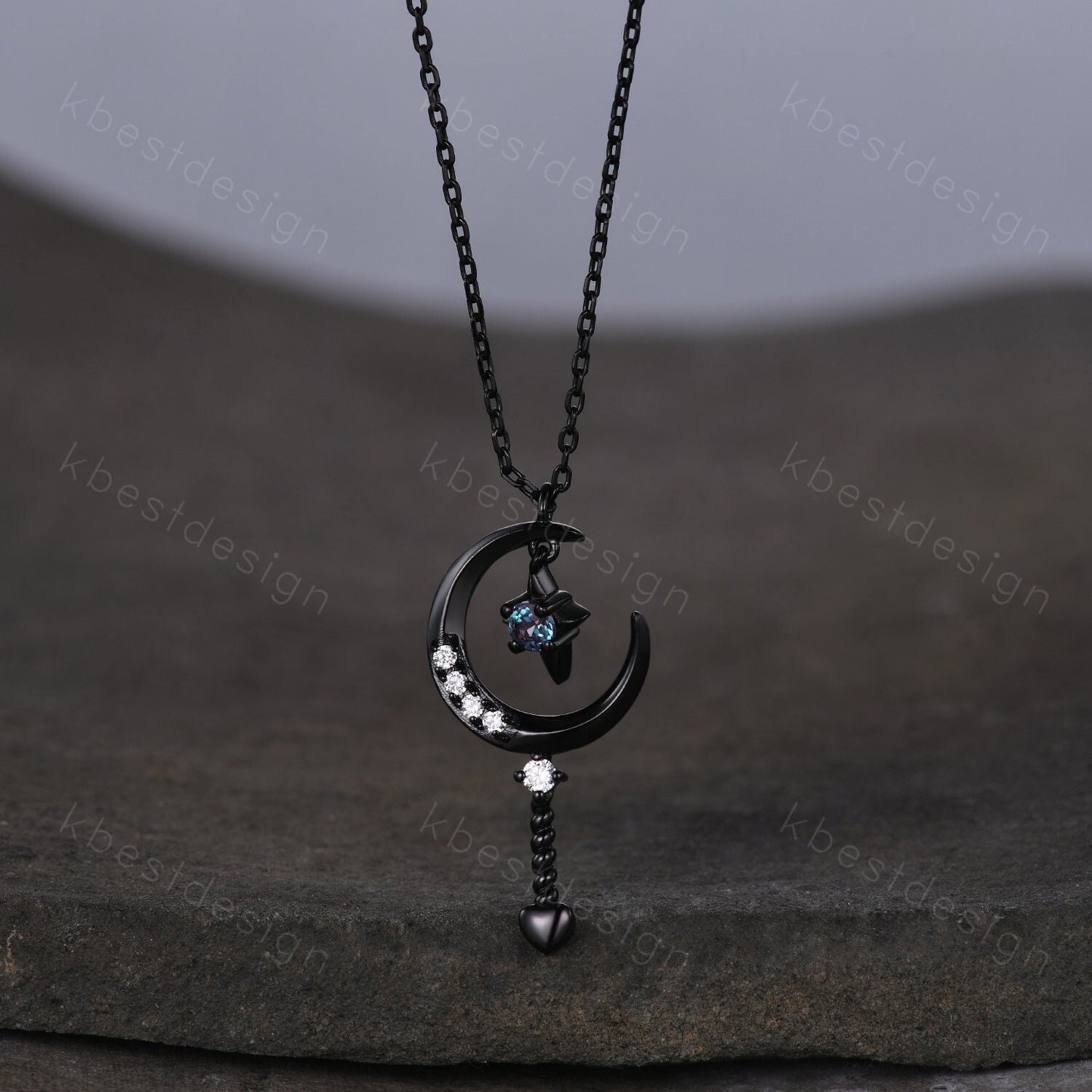 Unique Moon Star Necklace Black Gold Moissanite Necklace Starry Sky Alexandrite Pendant Necklace for Women Art Deco Celestial Promise Gift