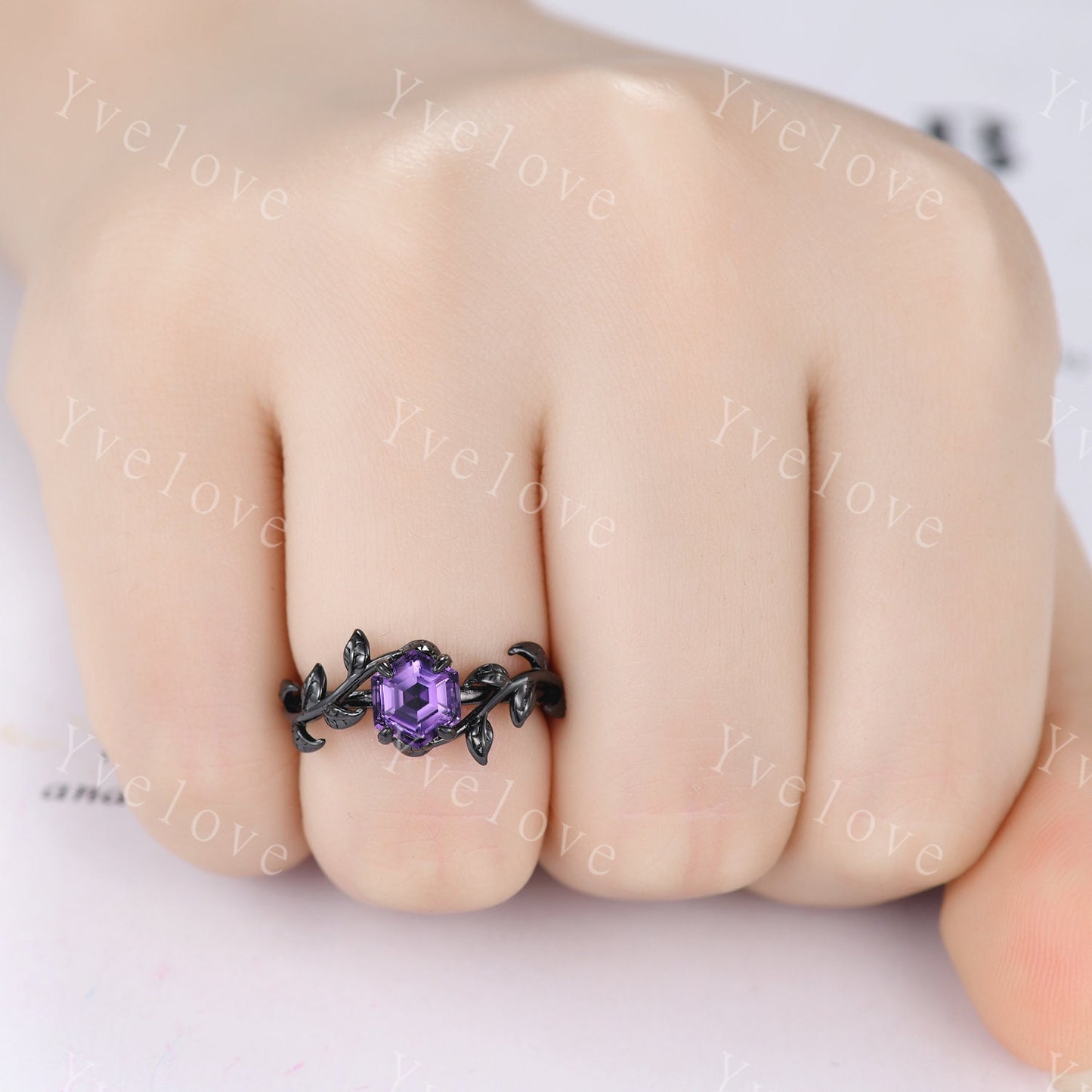 Hexagon Amethyst Ring Set,Vintage Twig Vine Leaf Ring,Unique Amethyst Engagement Ring,Emerald Ring,Rhodium Black Promise Bridal Ring Gift
