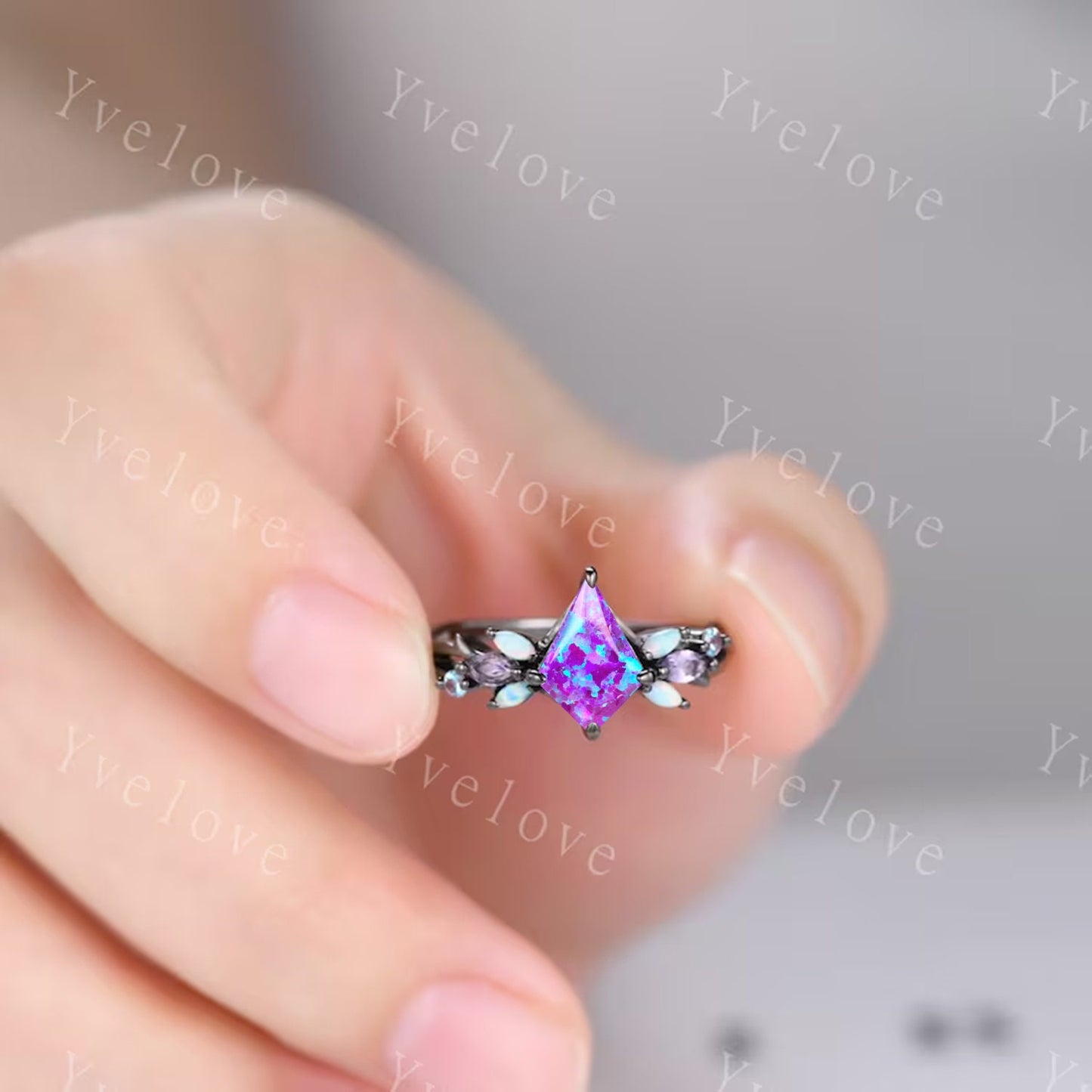 Vintage Kite Cut Lavender Opal Engagement Ring Set,Black Gold Ring,Vines Amethyst Opal Ring,Women Bridal Set,Unique Twig Promise Ring Gift