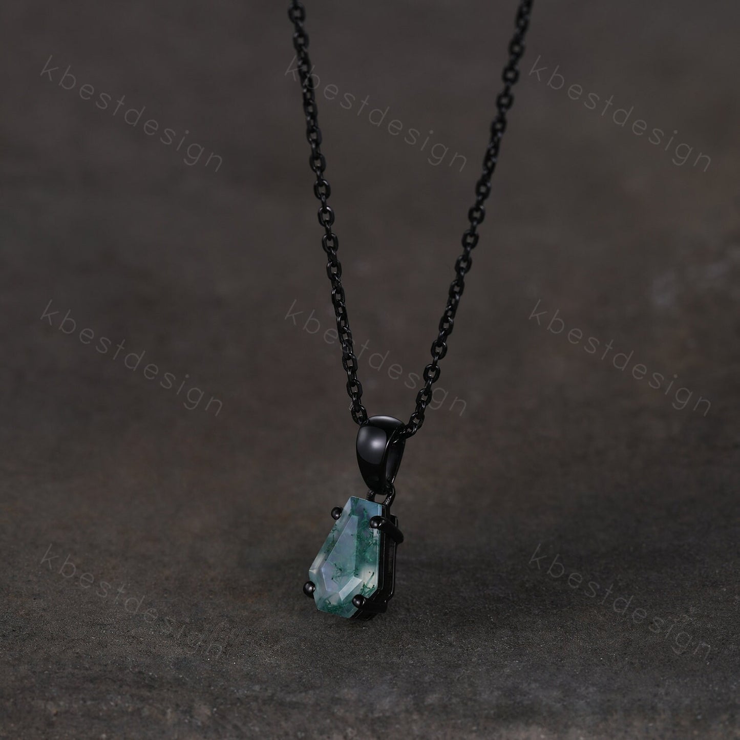 Unique coffin cut green moss agate necklace black gold necklace delicate green agate jewelry minimalist anniversary gift for women