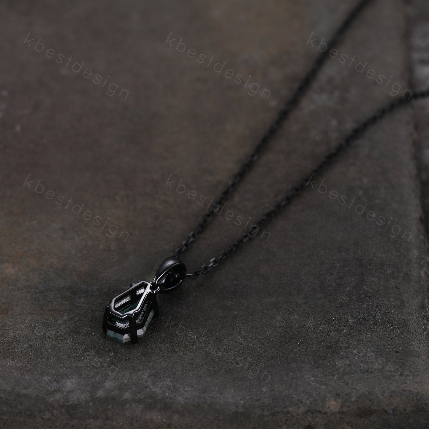 Unique coffin cut green moss agate necklace black gold necklace delicate green agate jewelry minimalist anniversary gift for women