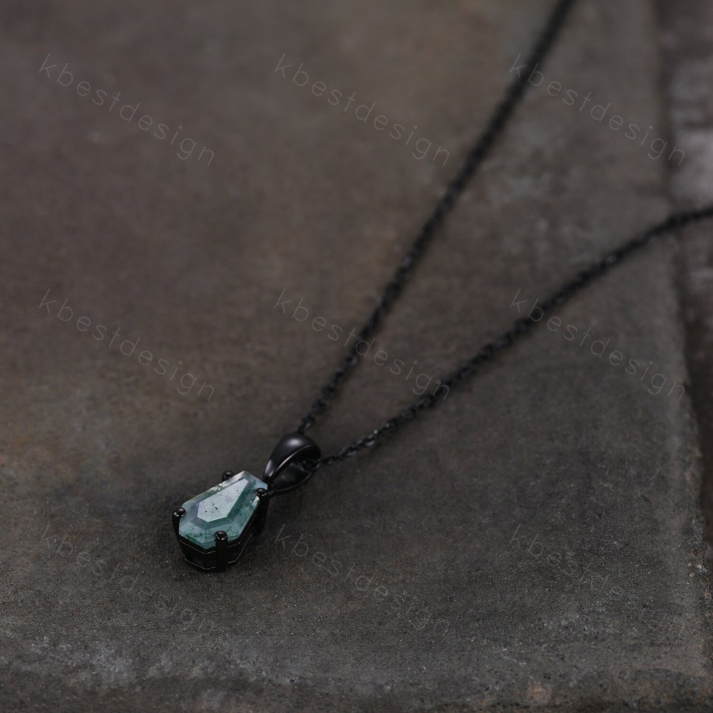 Unique coffin cut green moss agate necklace black gold necklace delicate green agate jewelry minimalist anniversary gift for women