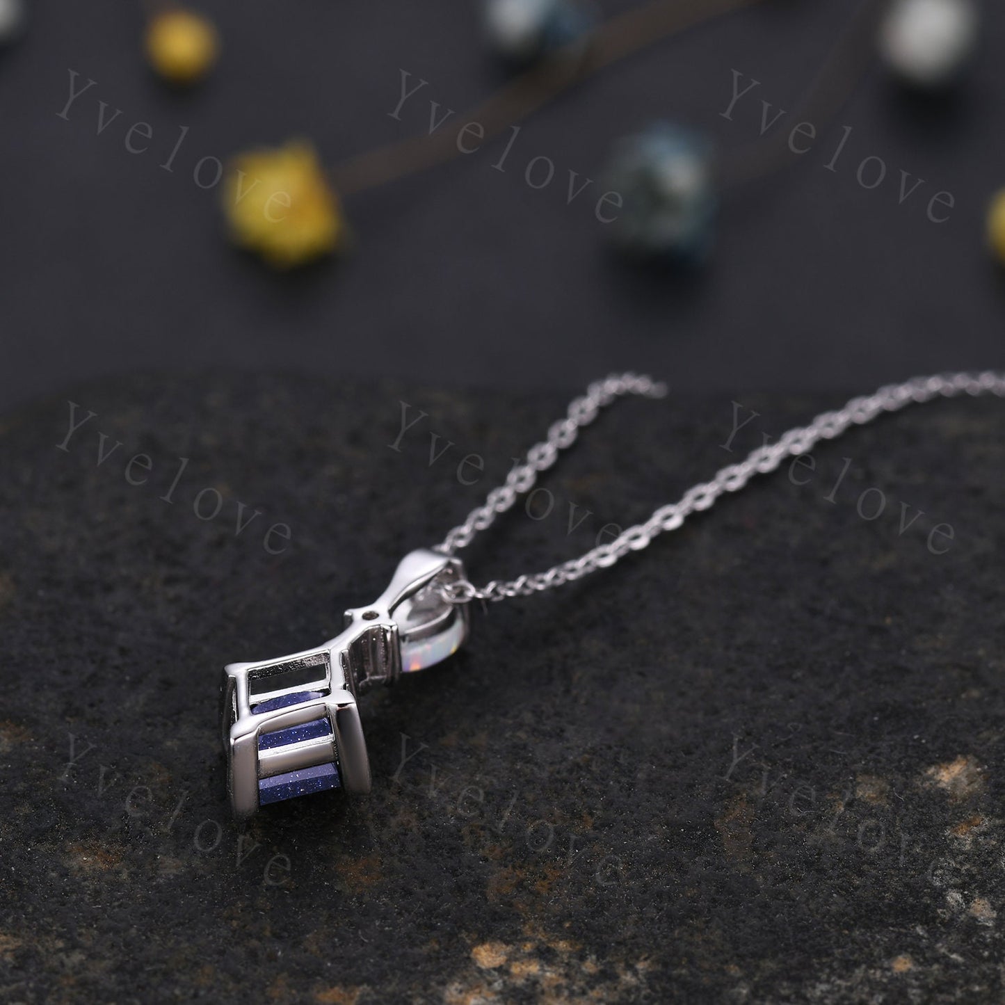 Vintage unique lozenge sandstone necklace solid opal diamond personalized pendant for women anniversary bridal gift for her sterling silver