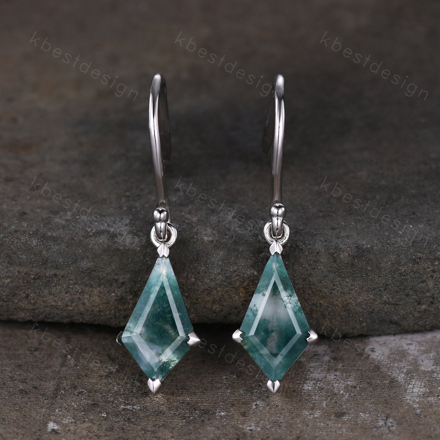 Vintage kite cut moss agate earrings silver green agate drop earrings unique hook earrings women art deco earring anniversary gift for her