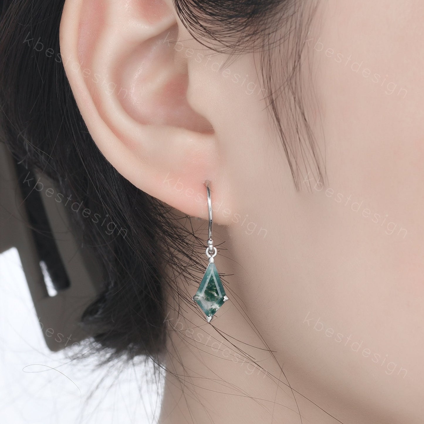 Vintage kite cut moss agate earrings silver green agate drop earrings unique hook earrings women art deco earring anniversary gift for her