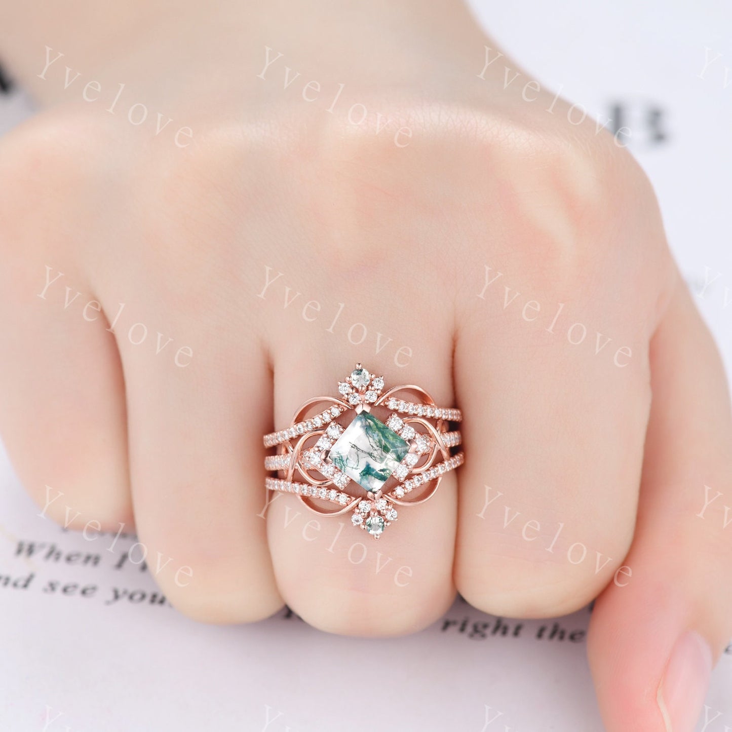 Vintage princess cut green moss agate engagement ring set 14k rose gold women diamond ring unique twist bridal wedding ring handmade gift