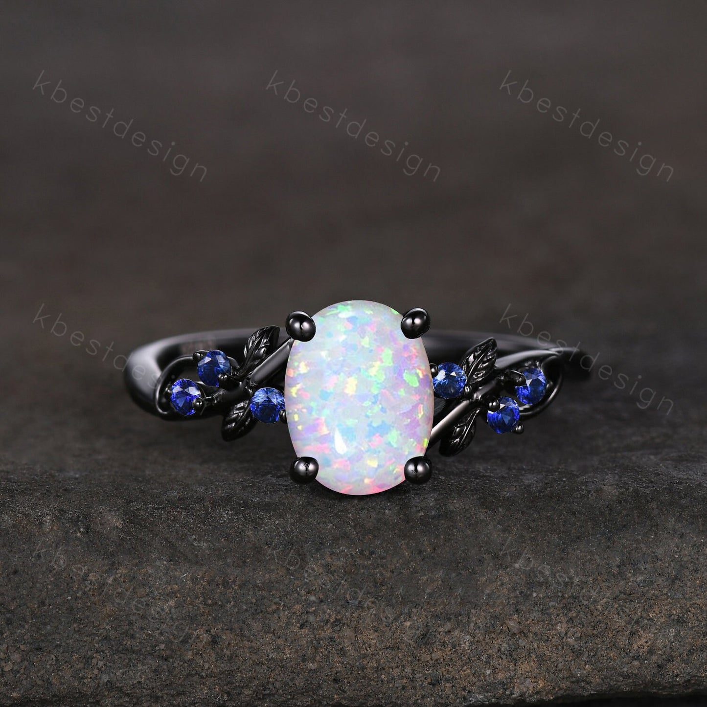 Vintage oval opal engagement ring set black gold rings unique opal blue sapphire wedding ring art deco branch leaf ring promise ring set