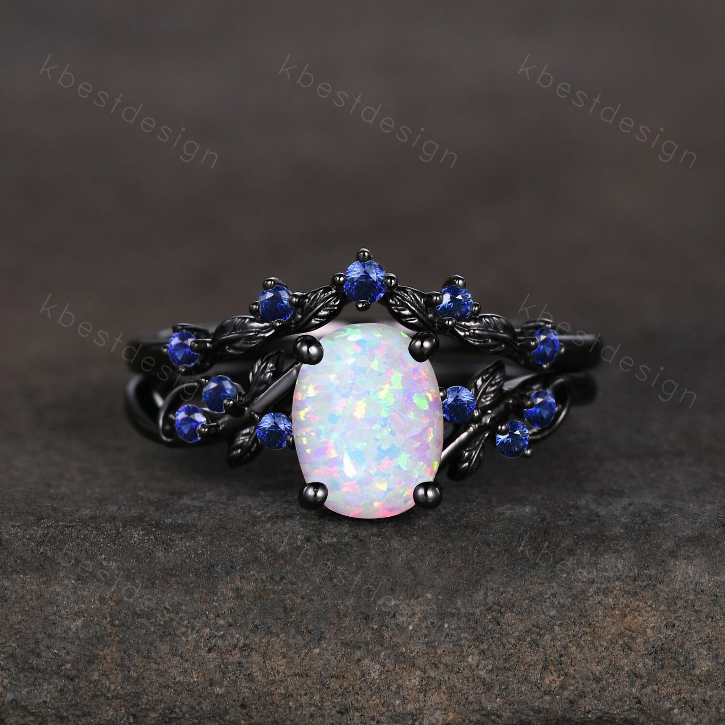 Vintage oval opal engagement ring set black gold rings unique opal blue sapphire wedding ring art deco branch leaf ring promise ring set