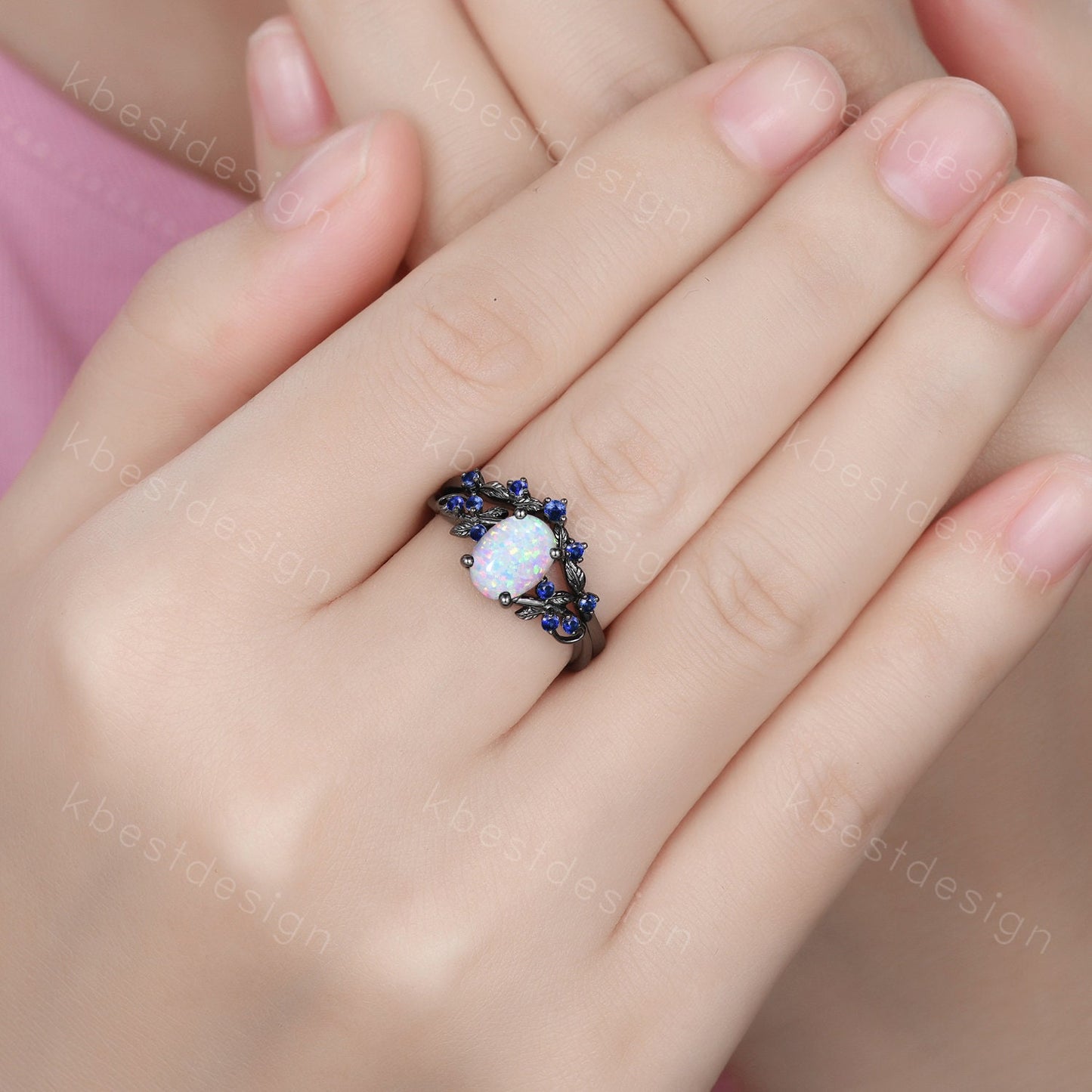 Vintage oval opal engagement ring set black gold rings unique opal blue sapphire wedding ring art deco branch leaf ring promise ring set