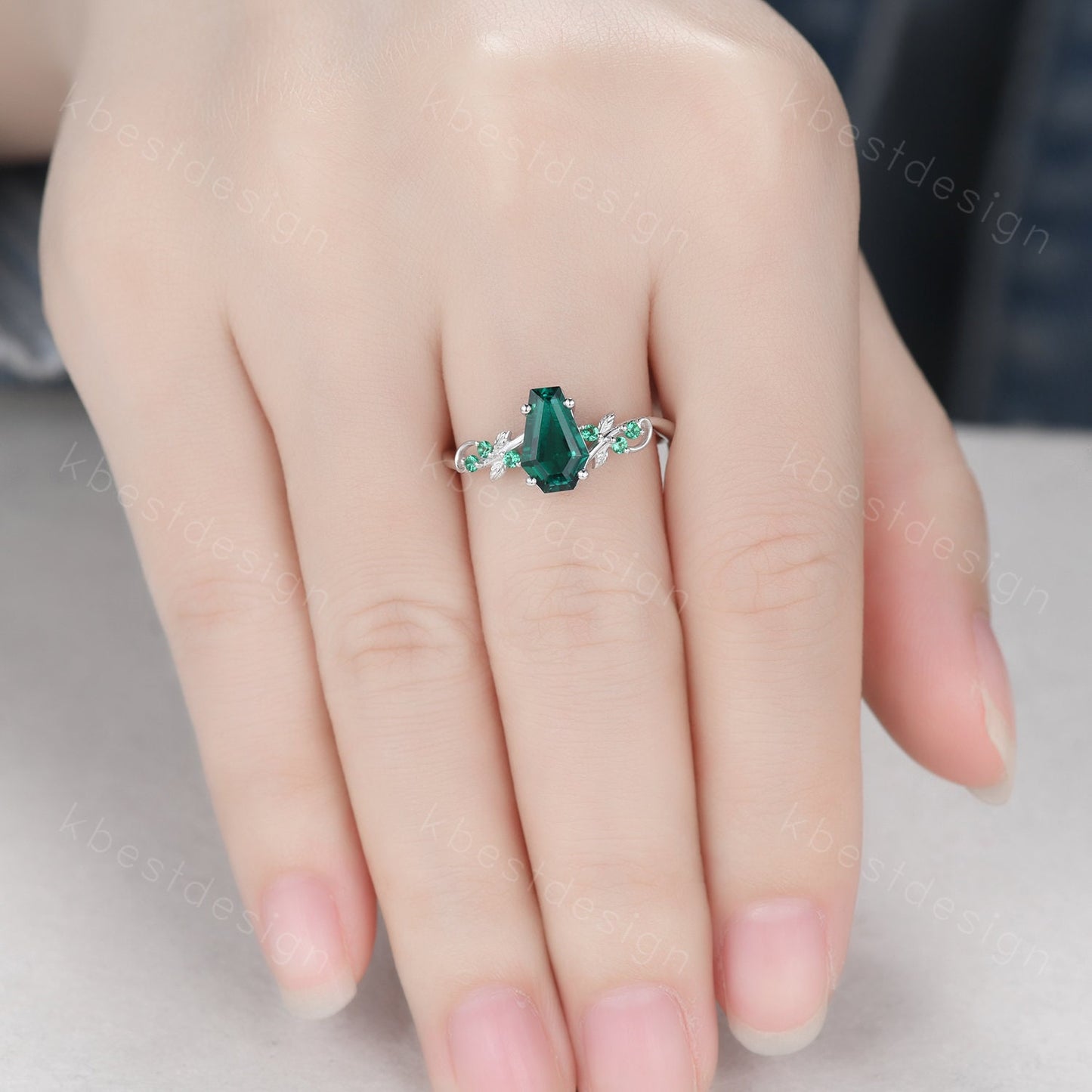 Vintage coffin green emerald engagement ring silver twig leaf emerald wedding ring nature inspired ring art deco bridal promise ring
