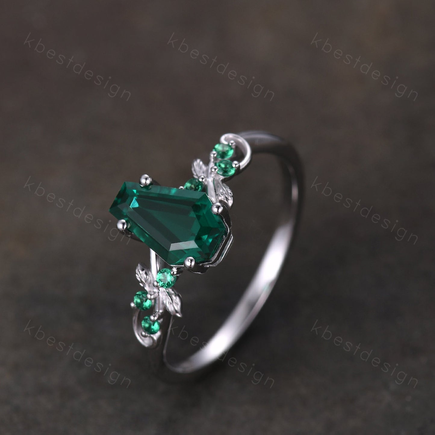 Vintage coffin green emerald engagement ring silver twig leaf emerald wedding ring nature inspired ring art deco bridal promise ring